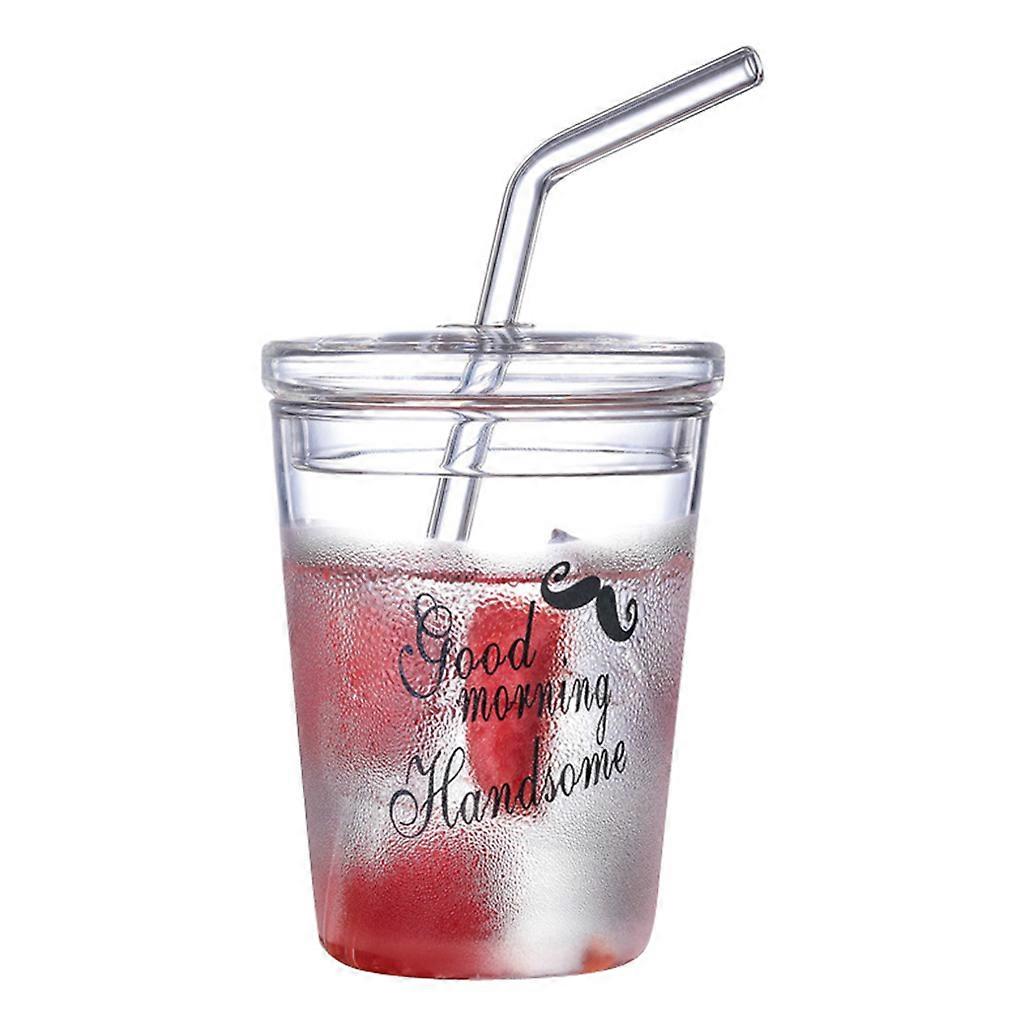Tasse à lait créative en verre de 300 ml avec couvercle et paille, tasse de petit-déjeuner transparente résistante à la chaleur, tasse à café