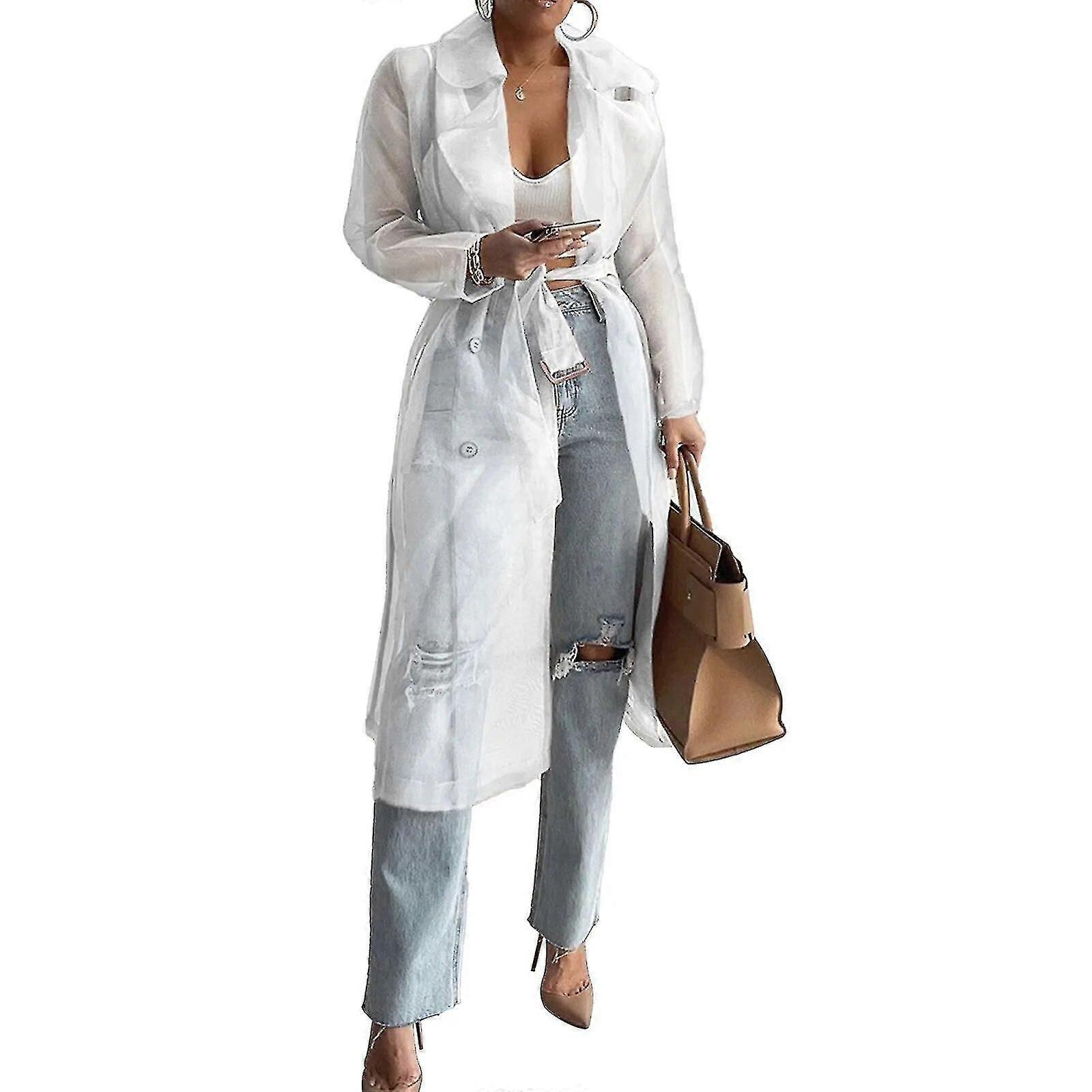 Womens Fashion See Through Organza Long Sleeve Breasted Button Mesh Coat With Removable Belt Elegant Woman's Clothes-Yvan