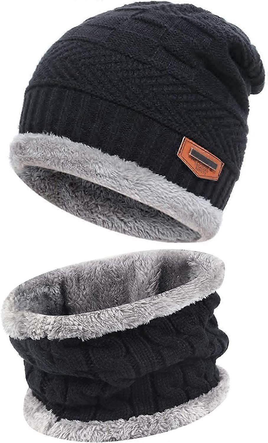 メンズレディースウィンタービーニーハットスカーフセットウォームニットハット厚手のフリース裏地付きウィンターキャップネックウォーマー男性女性用