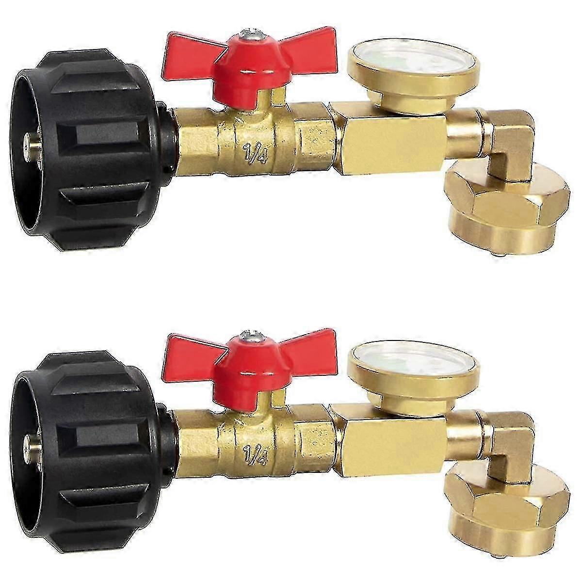 2x Propane Refill Adapter With Valve And Gauge, Fill 1 Lb Bottles From 20 Lb Tank, 90-degree Elbow