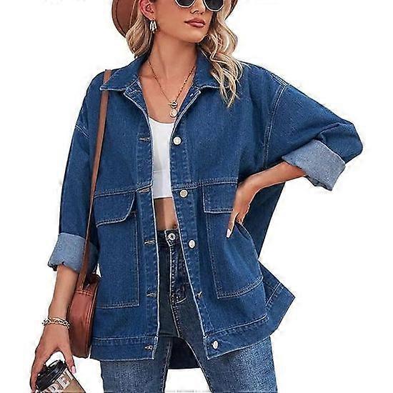 Women's Buttoned Denim Jacket - Brand - Model - Turn-down Collar - Large Pockets - Blue