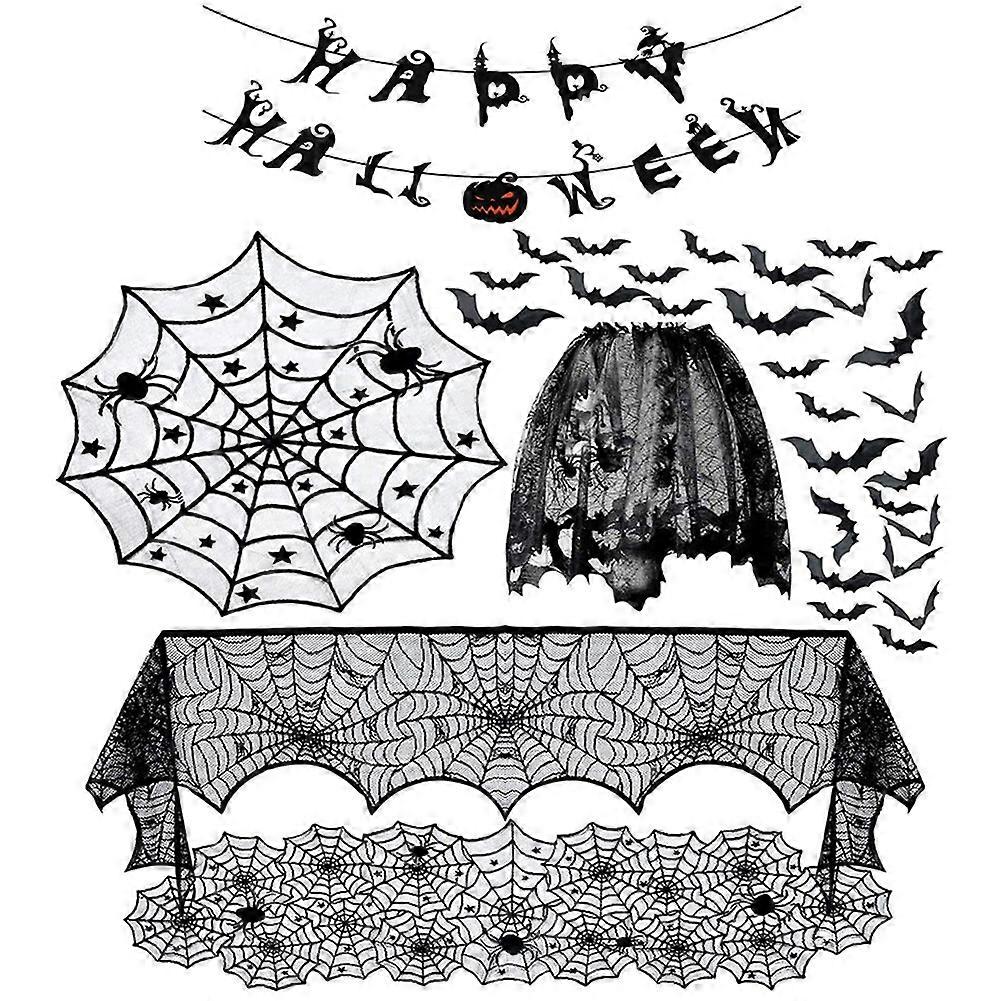 Halloween Spider Web Fireplace Cover Black Lace Set Decoration A