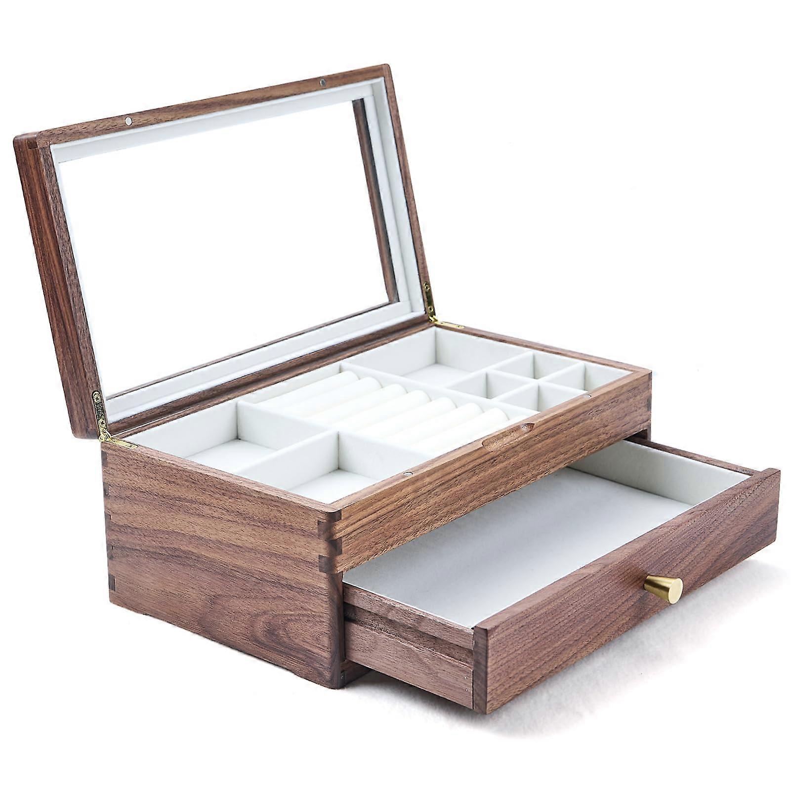 Black Walnut Wooden Jewelry Box with Glass Lid, 1 Drawer, Double Layer Design, Handmade Gift for Women