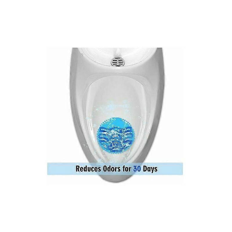 10-pack urinal filters with navy fragrance and splash-free design.