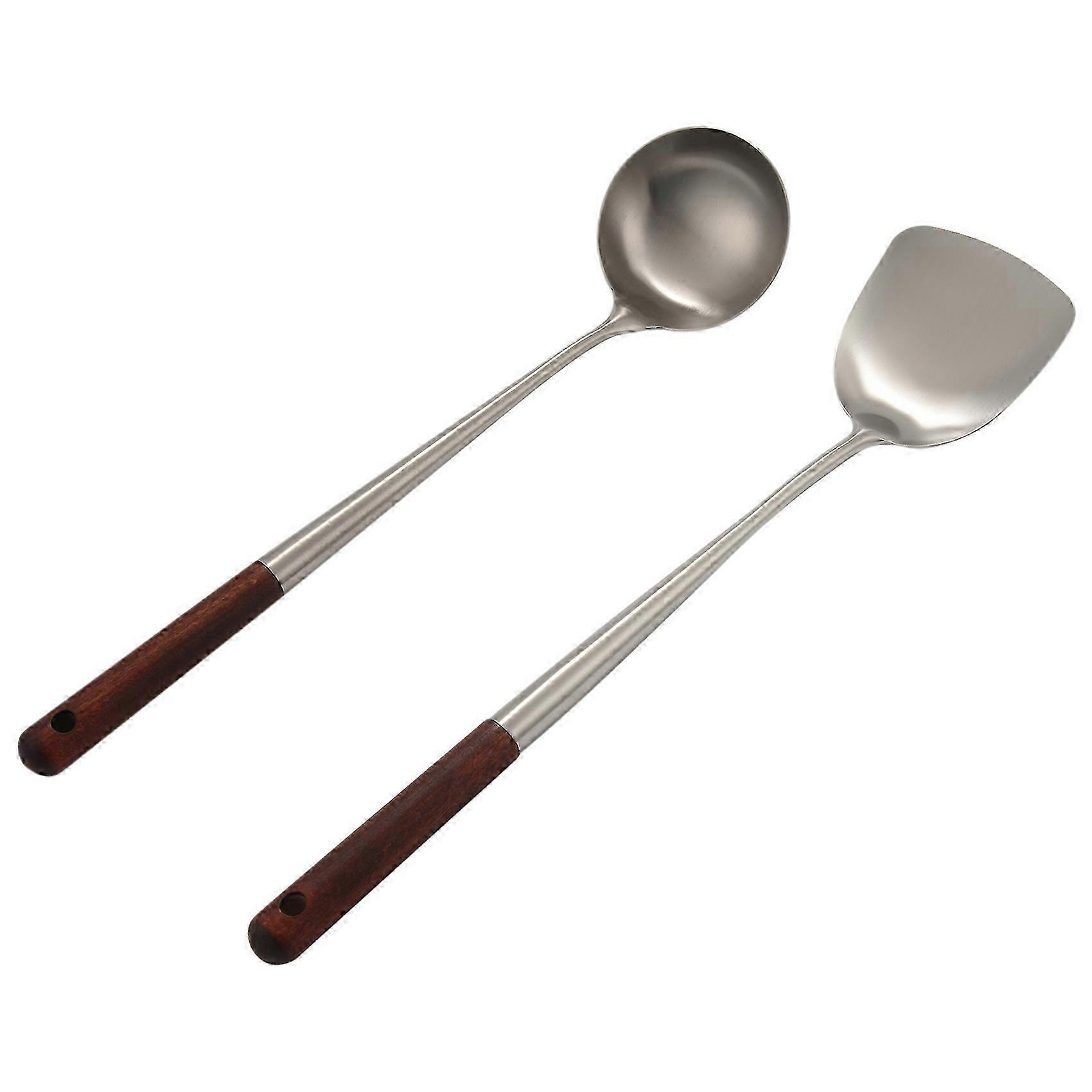 Wok espátula e concha Tool Set, 17 polegadas espátula para wok, 304 aço inoxidável wok espátula