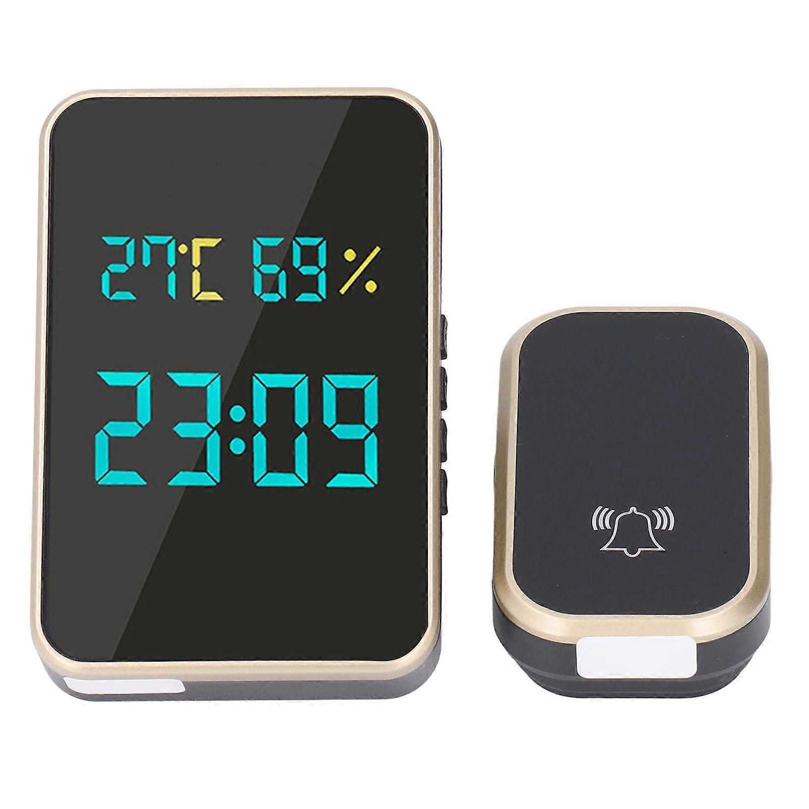 Self Powered Wireless 38 Ringtones 4 Level Volume Electronic Doorbell With Temperature Time Display Black and Gold