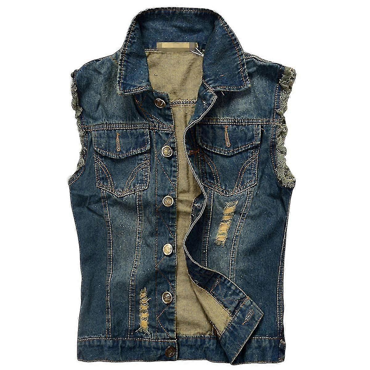 Mens Retro Casual Worn Sleeveless Denim Vest