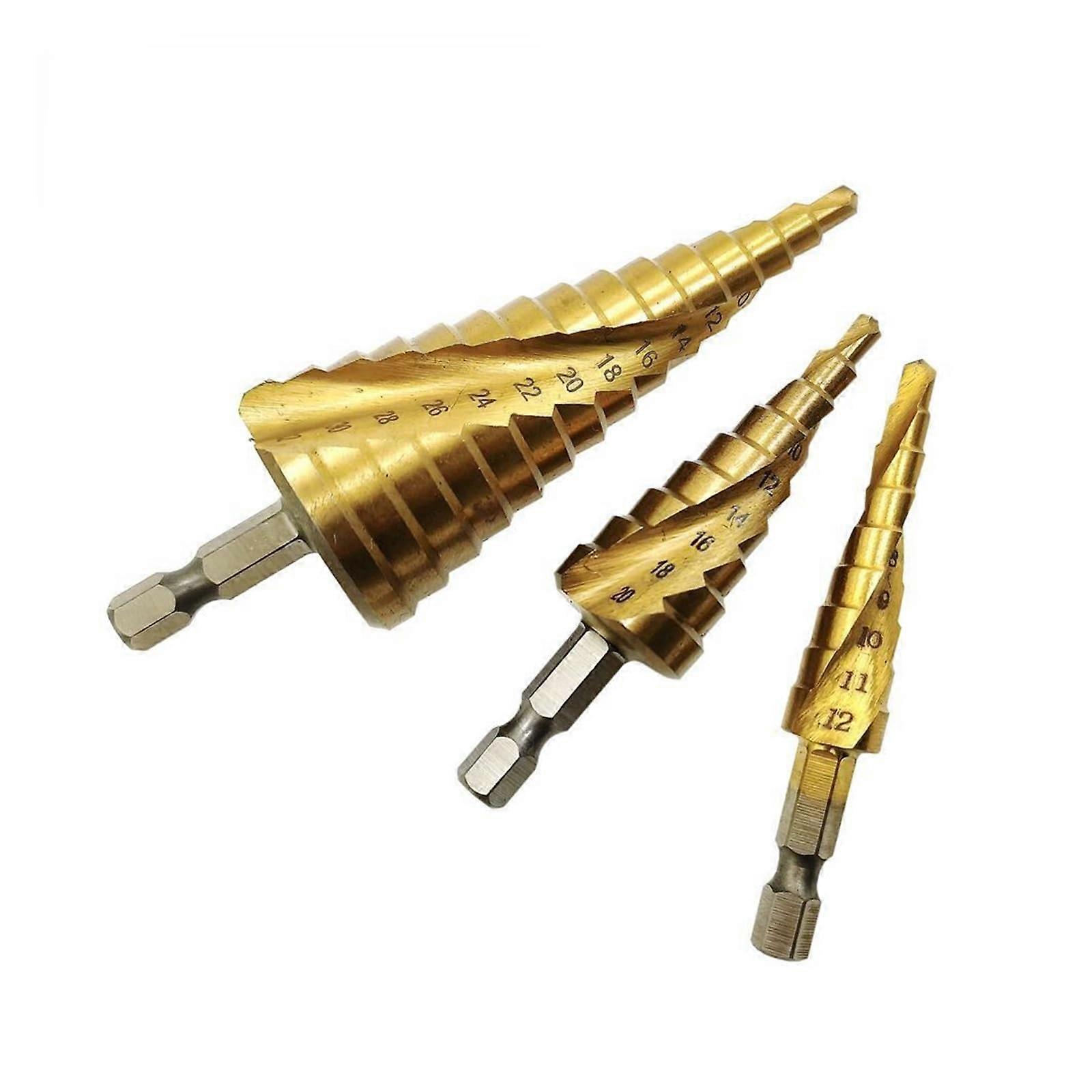3Pcs HSS Spiral Groove Twist Step Cone Drill Bit Set Flute Pagoda Metal Hole Cutter Titanium Coated Wood Drill Bit 412/20/32mm