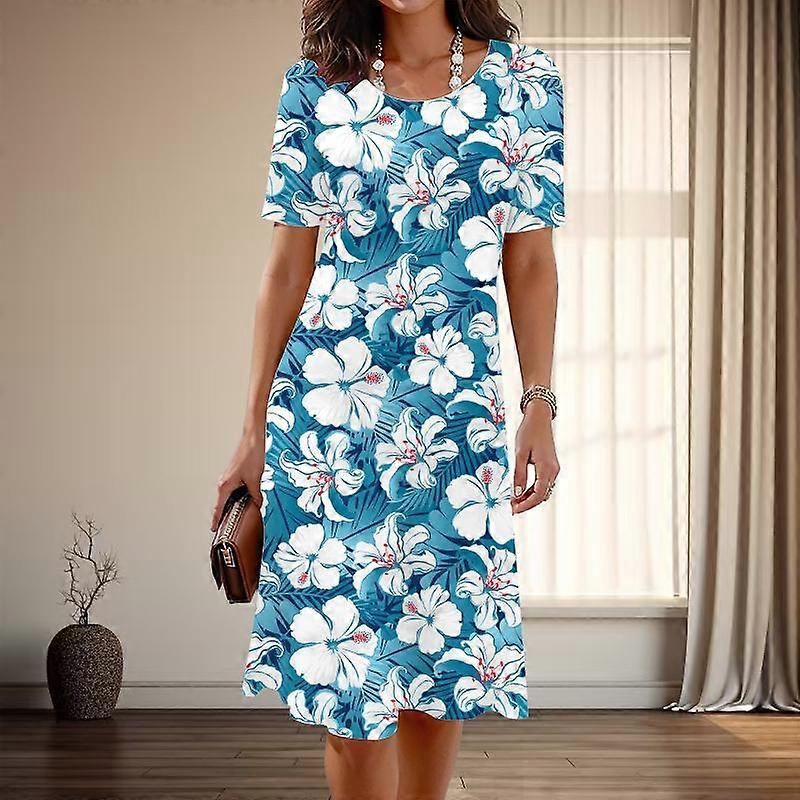 Női Divat Kecses Virágmintás Nyár Tavasz Rövid ujjú O-nyakú Hétköznapi ruhák