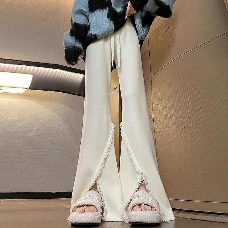 Tassel mopping wide leg pants for female students elastic high waisted drawstring for slimming effect, split straight leg pants
