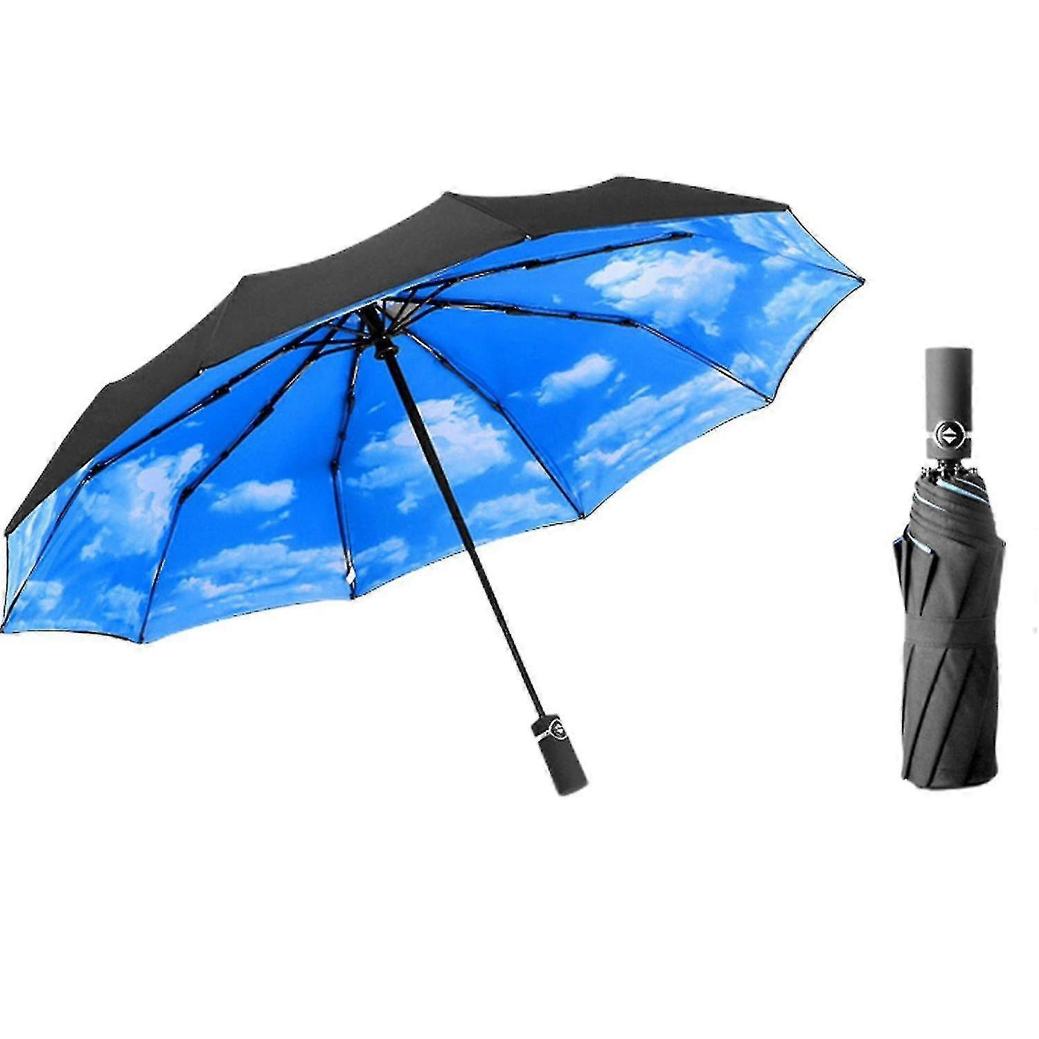 Blue Sky White Clouds Automatic 3-Fold Windproof Sunscreen Umbrella Z48