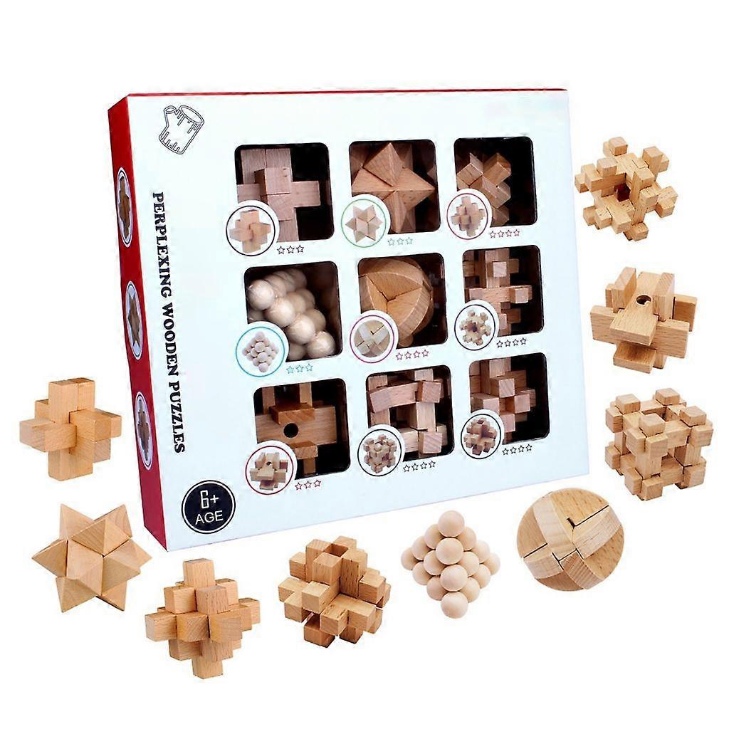 9Pcs Wooden Brains Teasers Puzzle Logics Mind Puzzle Box Locks Assembling Toy