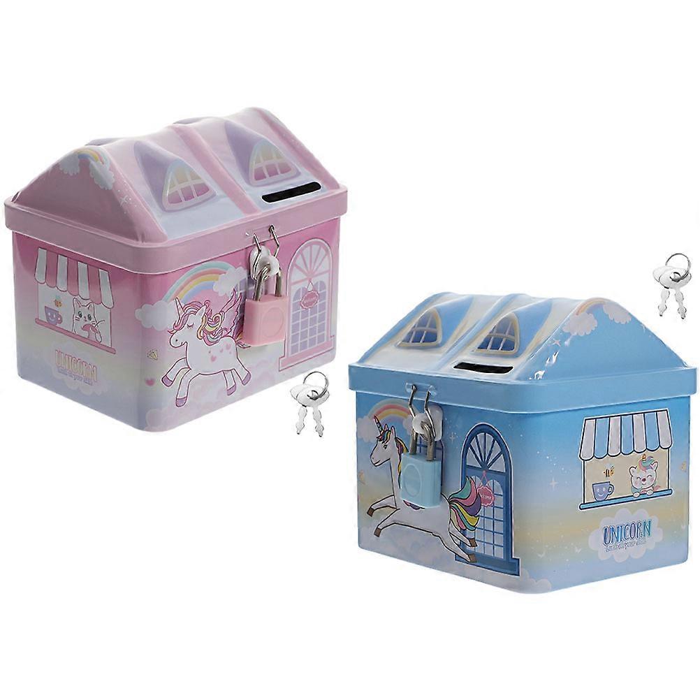 Kids Safe Money Box Unicorn Coin Container Adorable Design House Shape Tinplate Saving Pot With Lock For Home Use 2Pcs