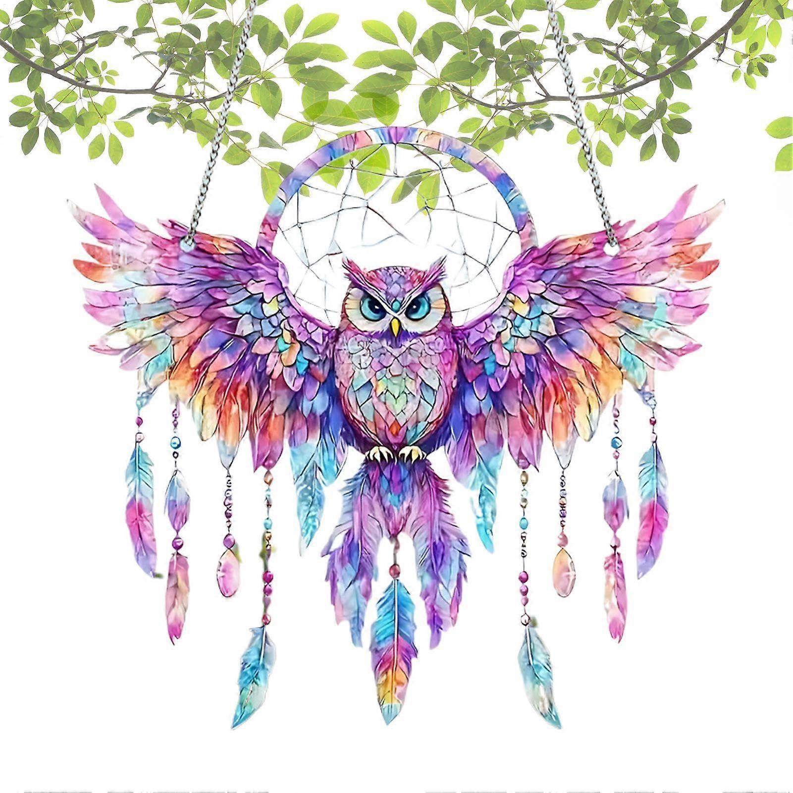 Owl Suncatcher for Windows 2D Stained Acrylic Owl, Feather Dream Catcher