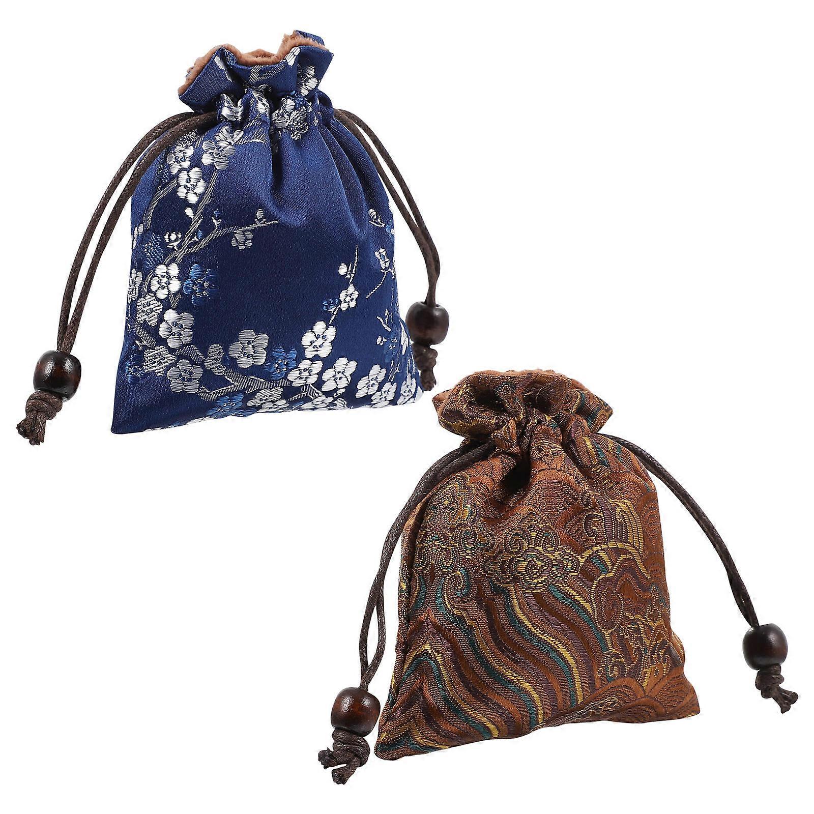 Small Fabric Bags Chinese Style Drawstring Pouch Cosmetic Storage Rectangular 12x10x1cm 2Pcs
