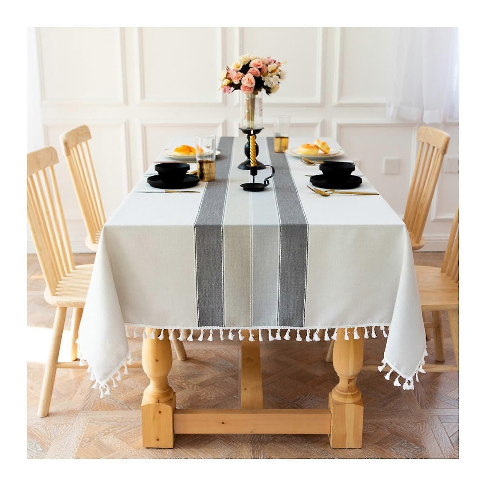 Rectangular Tablecloths, Cotton Linen, Washable, Stripes with Tassels, Grey 140x240CM