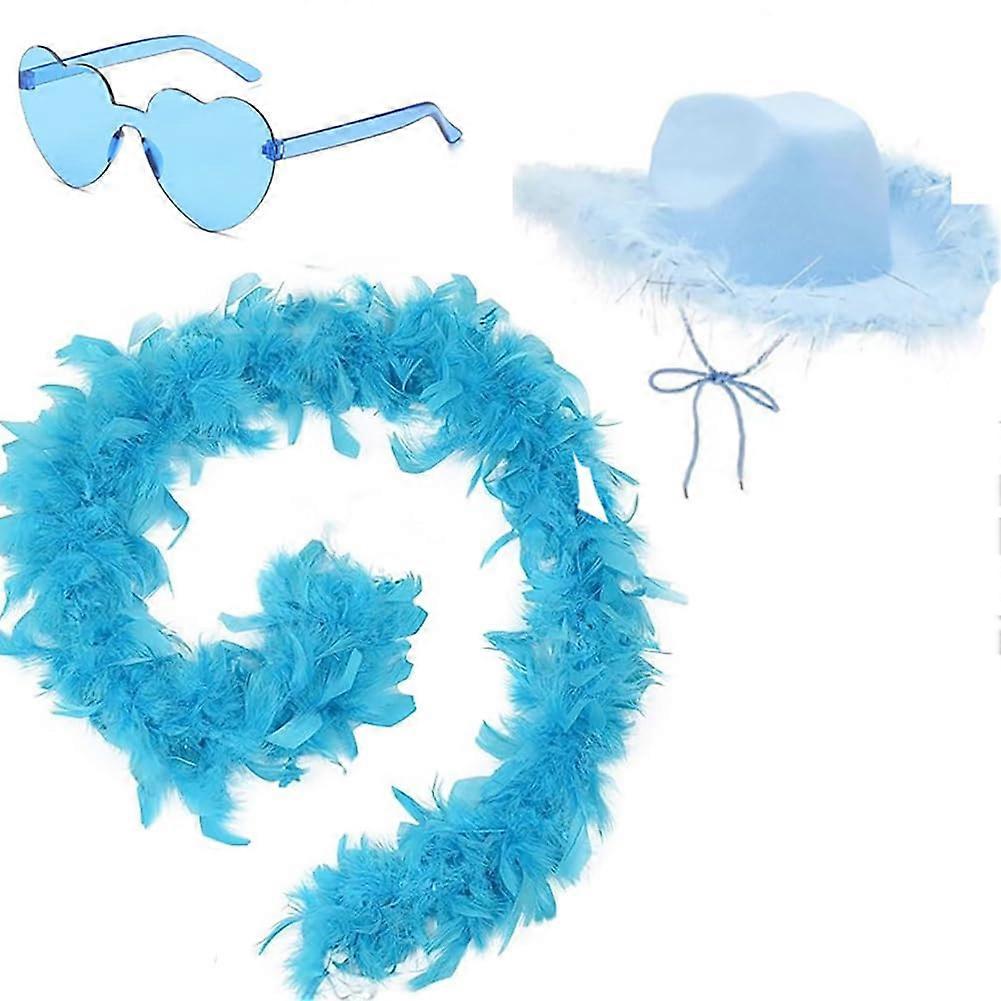 Cowboy Hat for Women with Fluffy Feather Boa and Rimless Heart Glasses, Red Costume Accessories for Cosplay and Carnival Party