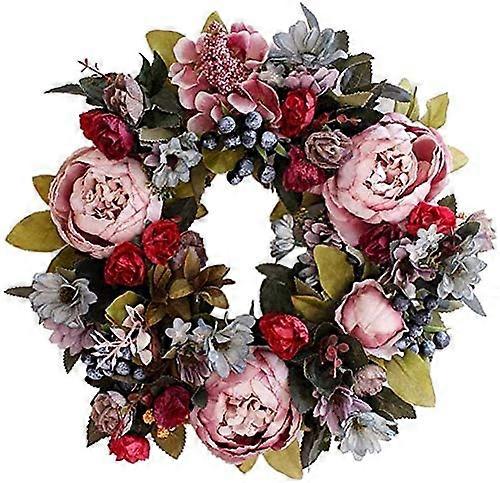 Artificial Peony Hydrangea Flower Front Door Wreath for Spring Summer Holiday