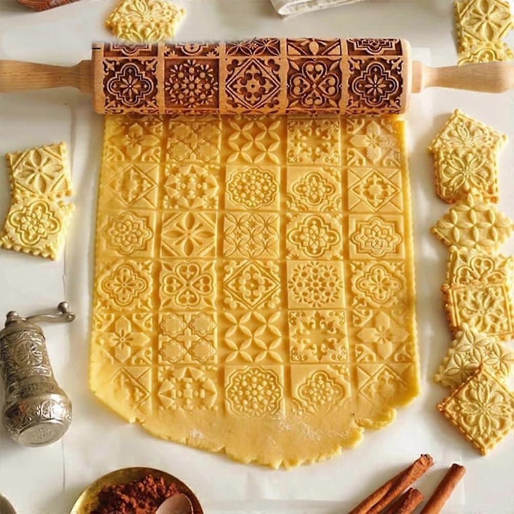 Wooden Rolling Pin With 3D Pattern For DIY Baking, Durable Wood Construction, Easy To Use, Wood Color1