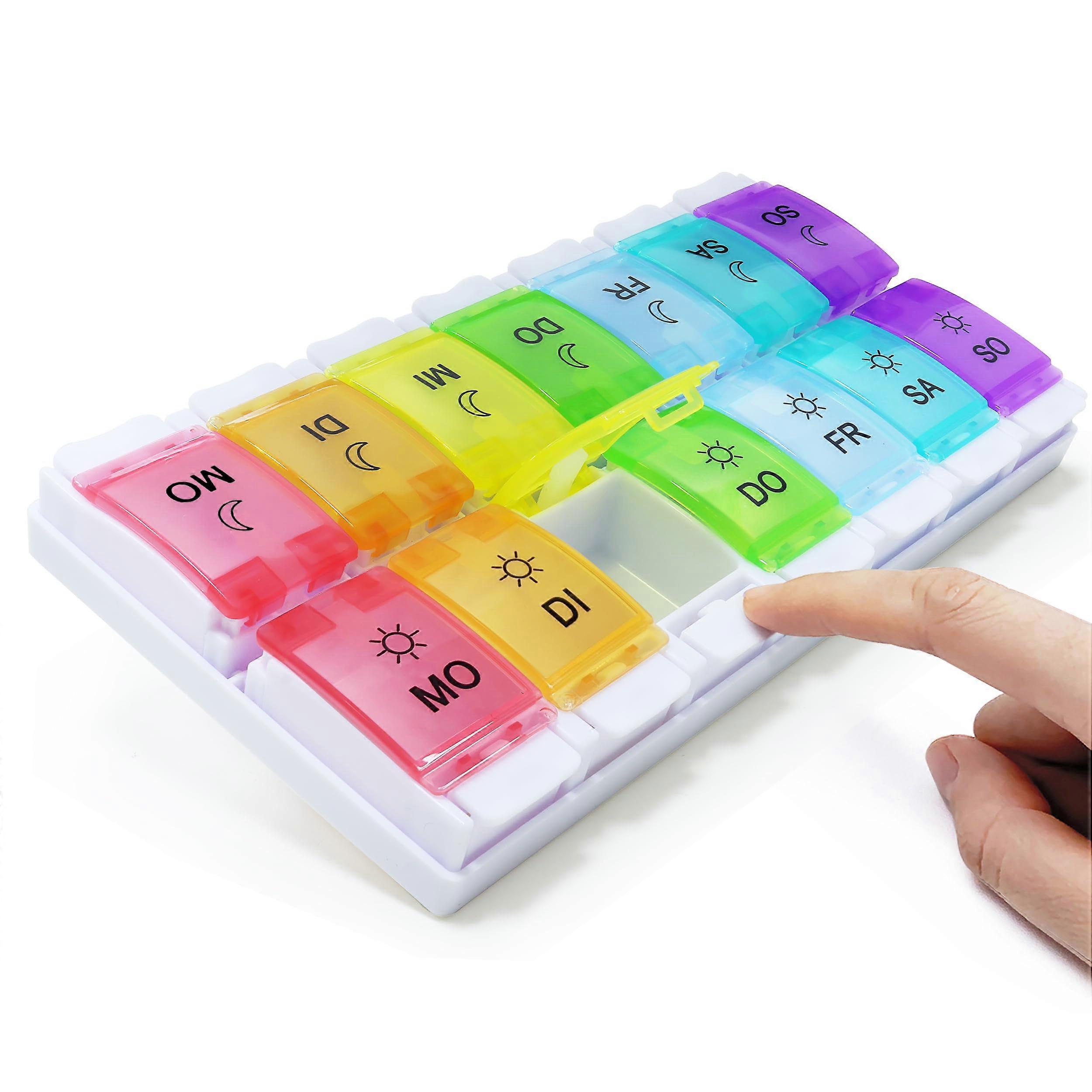 Medicine Box 7 Days 2 Compartments Pill Box Morning Evening Large Capacity BPA 14 Compartments Push Button (Rainbow)
