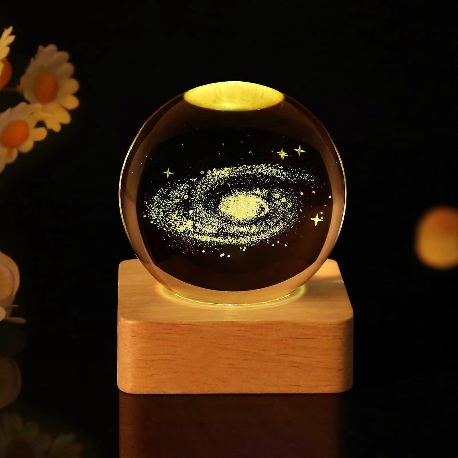 3D Crystal Ball Night Light, 6 cm USB 3D Galaxy Crystal Ball with Wooden Base