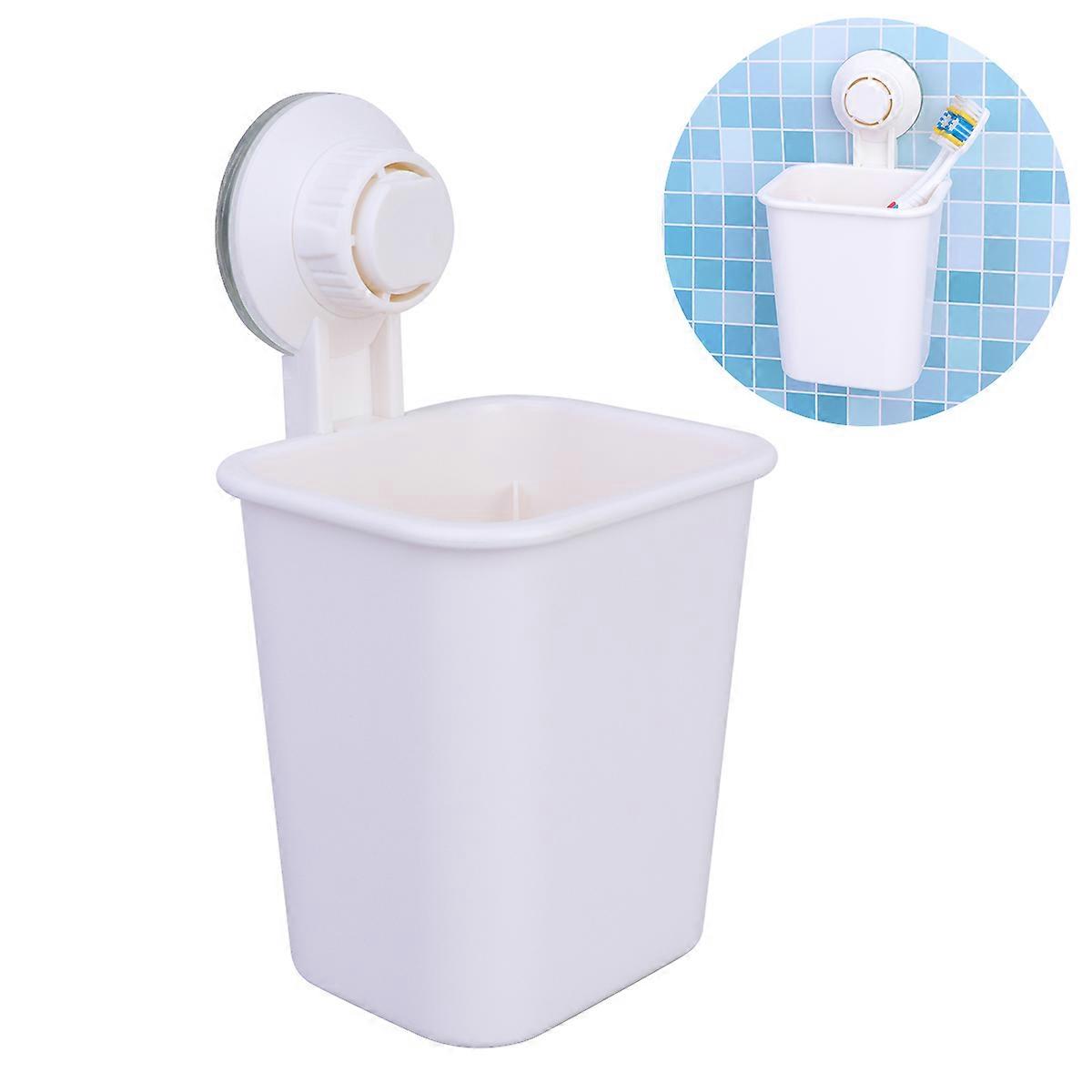 White Plastic Wall Mounted Toothbrush Holder Suction Cup Design MultiFunctional Bathroom Storage
