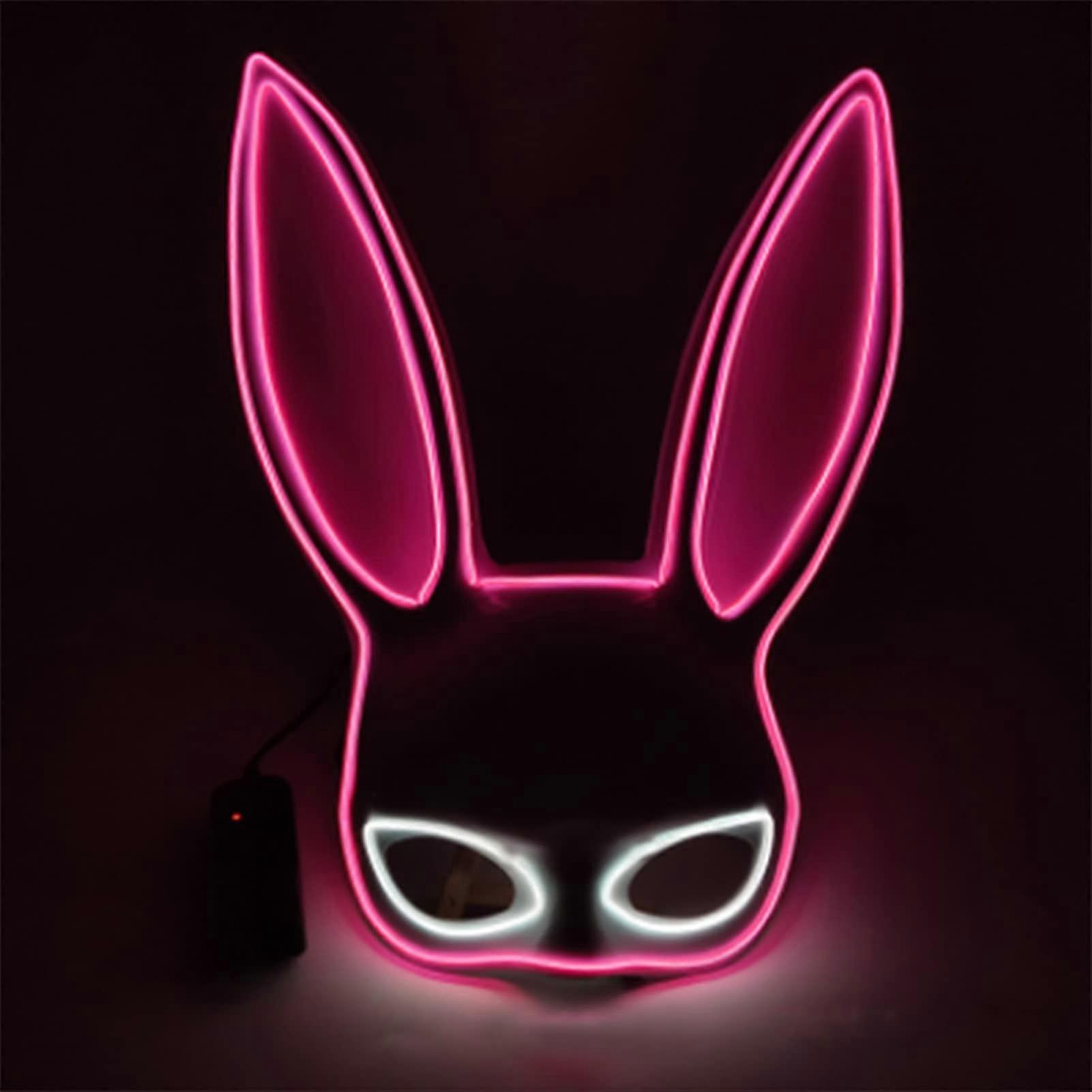Luminous Rabbit Mask Half Face Black With Pink And White LED Lights For Halloween Party