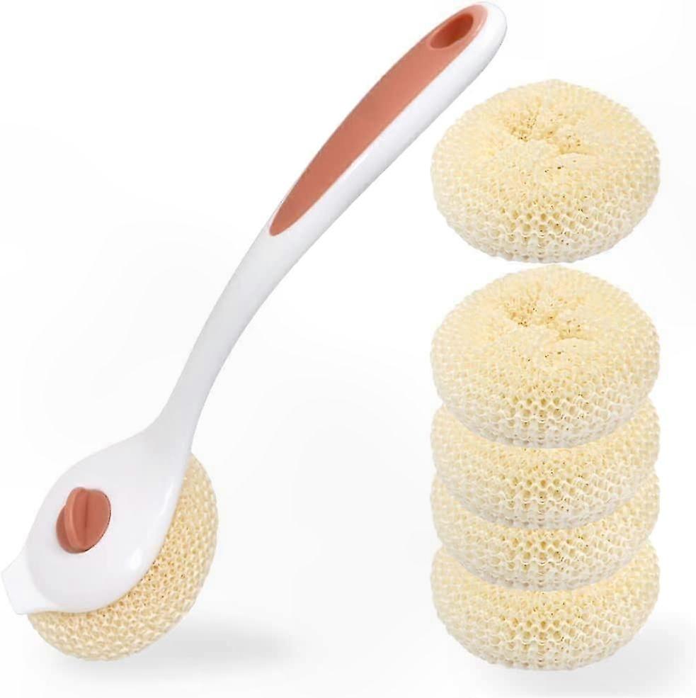 Kitchen Dish Brush with Long Handle and 5 Replaceable Heads, Pink