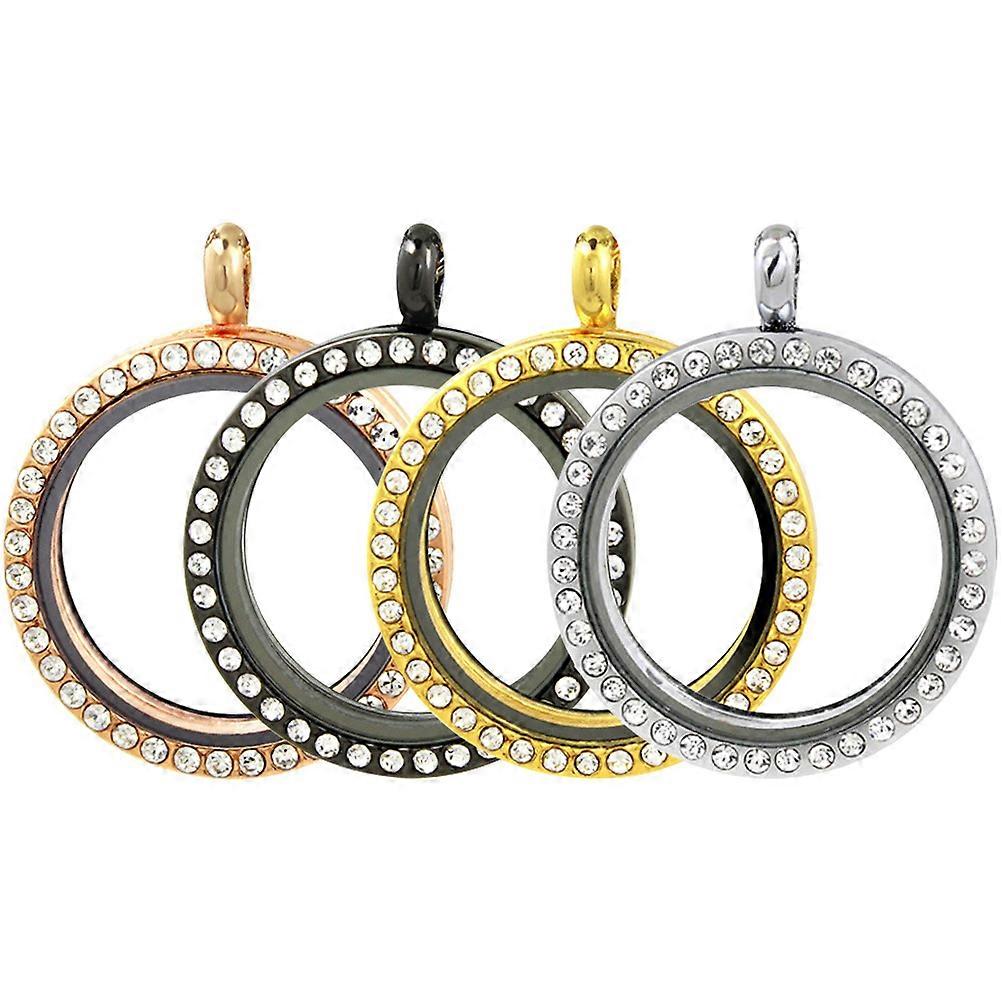 4pcs Openable Round Alloy Photo Pendant Charms with Rhinestone Decoration and Photo Bezel Trays
