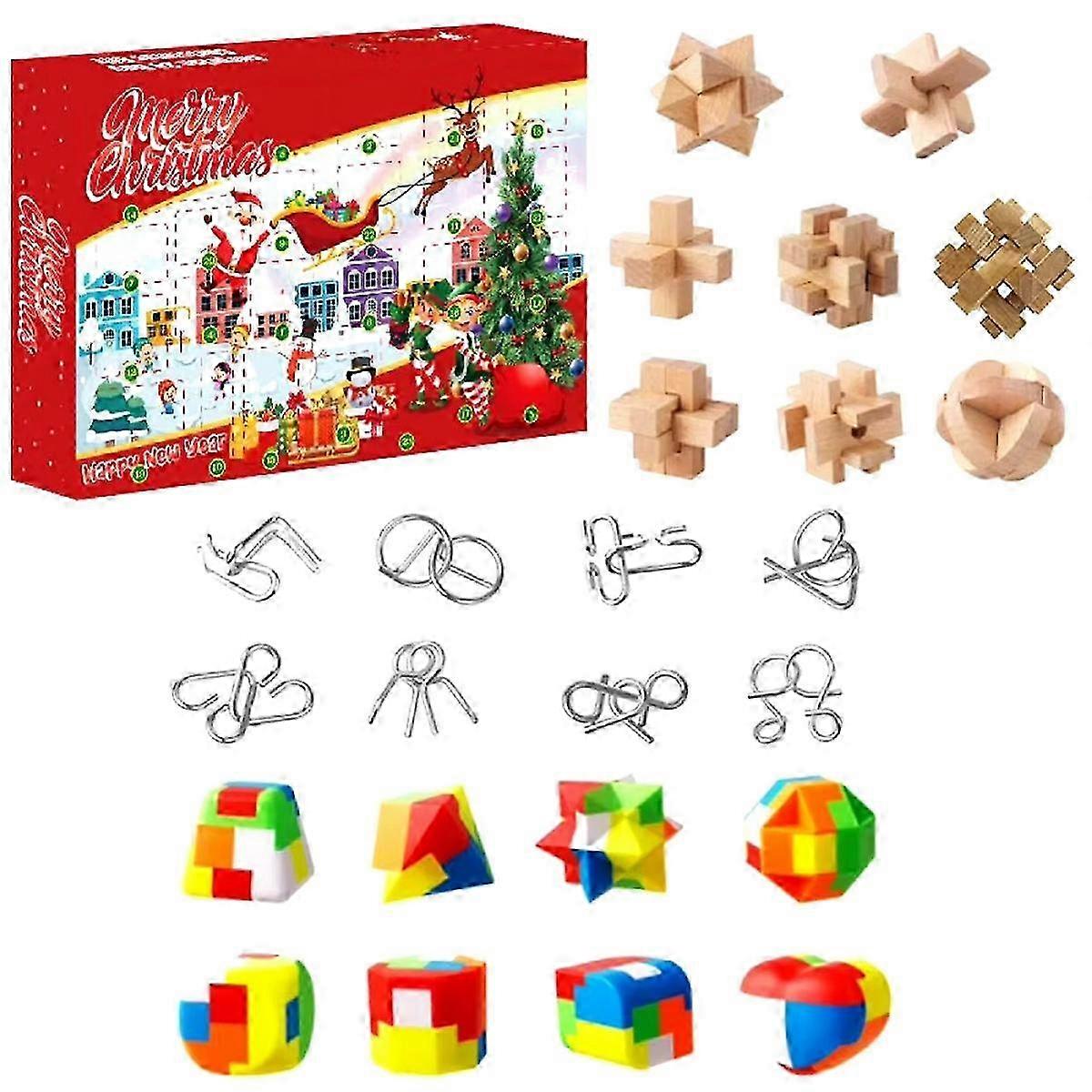 Advent Calendar 2024 with Plastic Metal and Wooden Puzzle Toys
