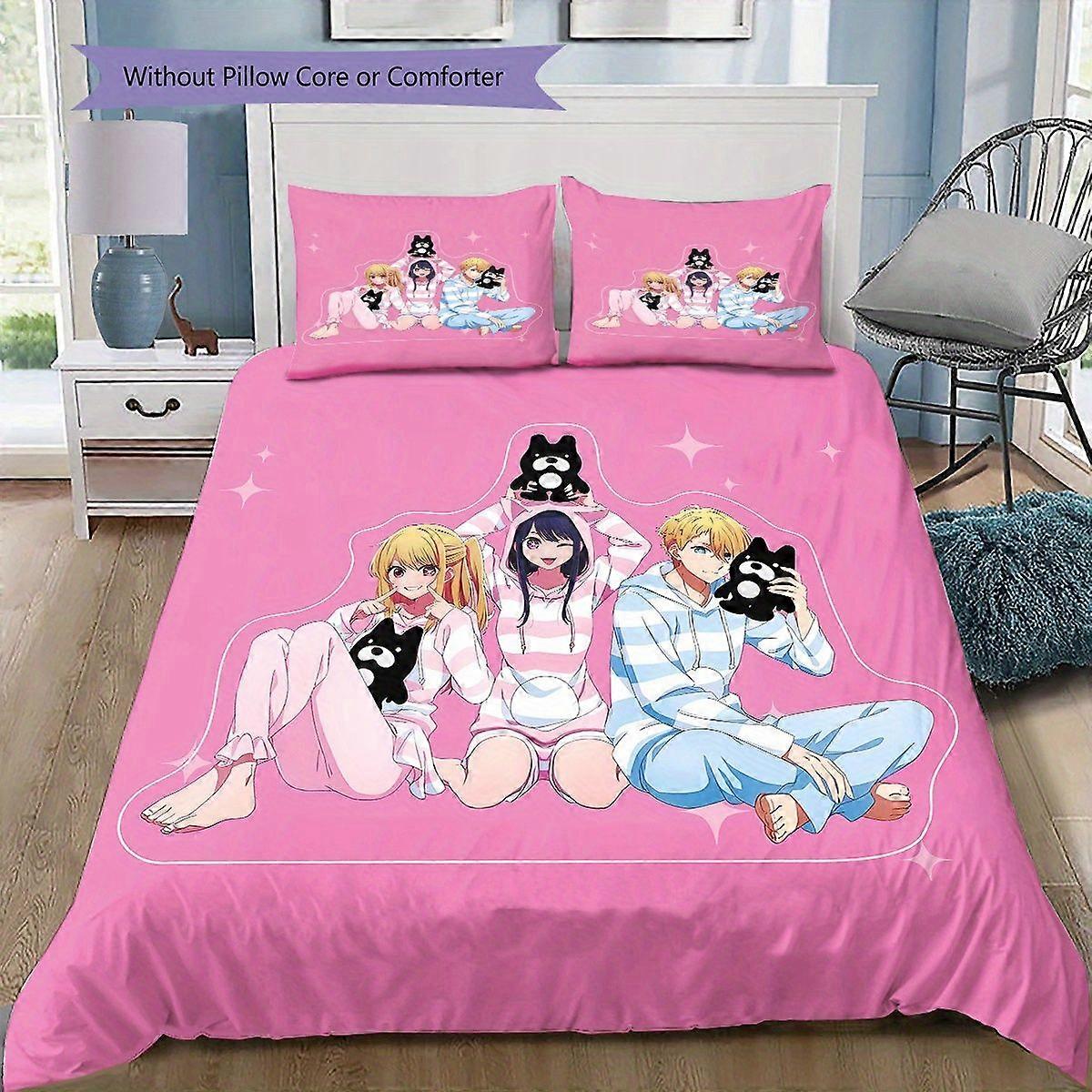TE561 Oshi No Ko Themed Bedding Set Featuring a Cat Pattern, Including a Quilt Cover And Two Pillowcases. This Soft Bedding Is Perfect f