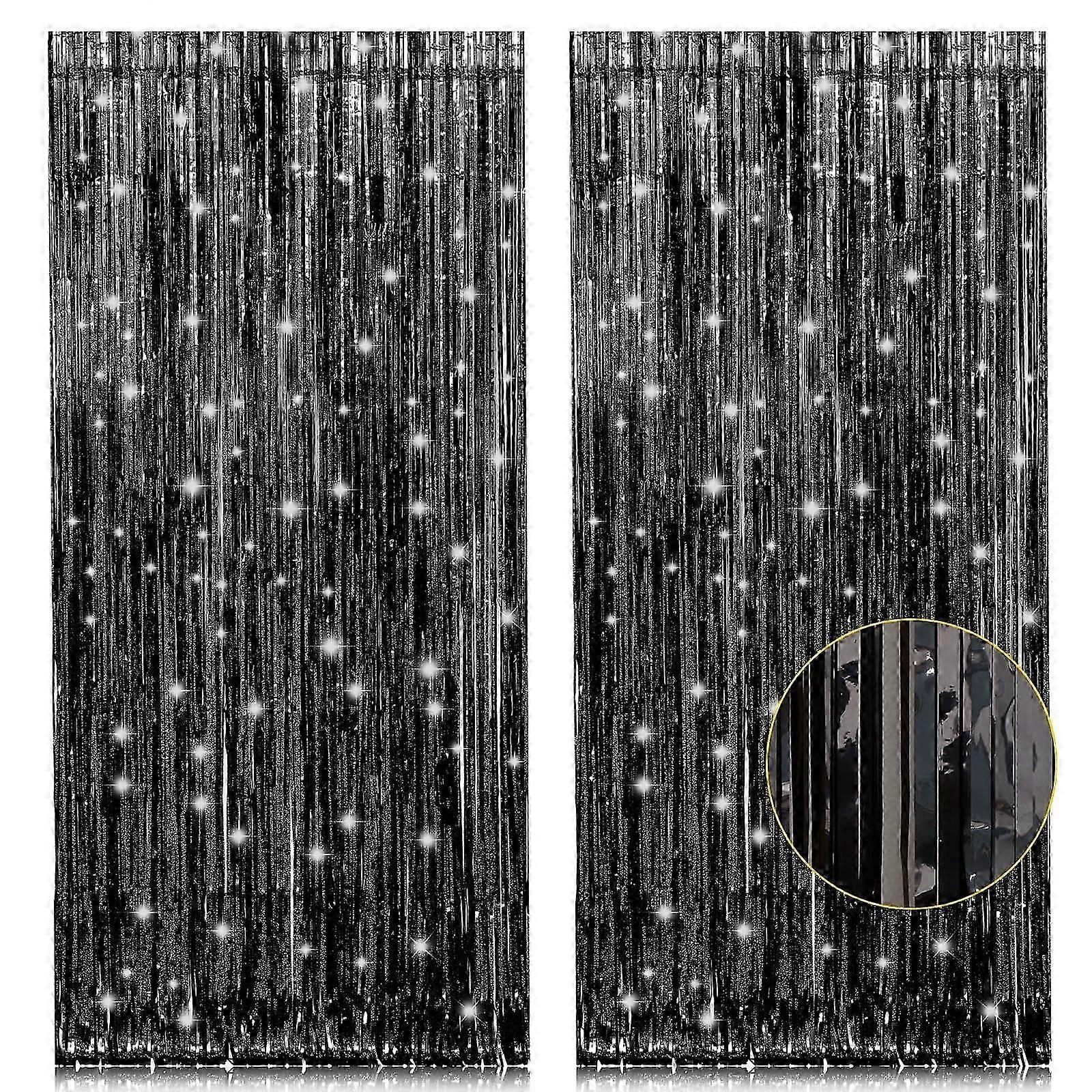2 Pack Black Metallic Tel Foil Fringe for Curta Years Decorations 3.2ft x 8.2ft