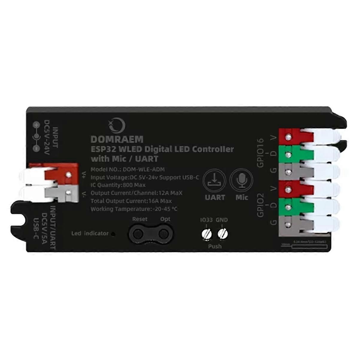 ESP32 WLED Addressable LED Strip Controller USB-C5V/5A WS2811/2814 /2805 Voice Control Mic UART-0.5W Standby