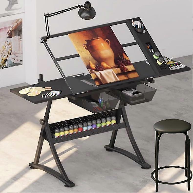 Artists Drafting Table Glass Desk Stool Lamp Storage Drawers 2 SubPanels Height Adjustable 7193 cm Tiltable 050 Deg