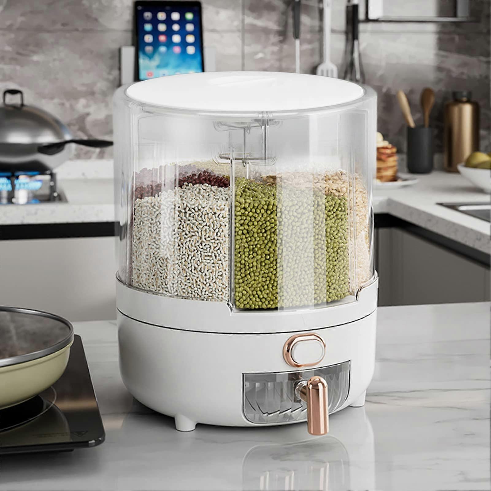 Rice Grain Storage Container Large Size, 360° Rotating Food Dispenser with Measuring Cylinder for Kitchen, Transparent Press Type