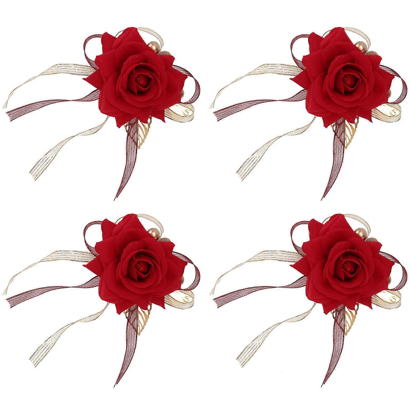 Wedding Dress Up Accessory 8Pcs Red Simulation Rose Brooch for Wedding