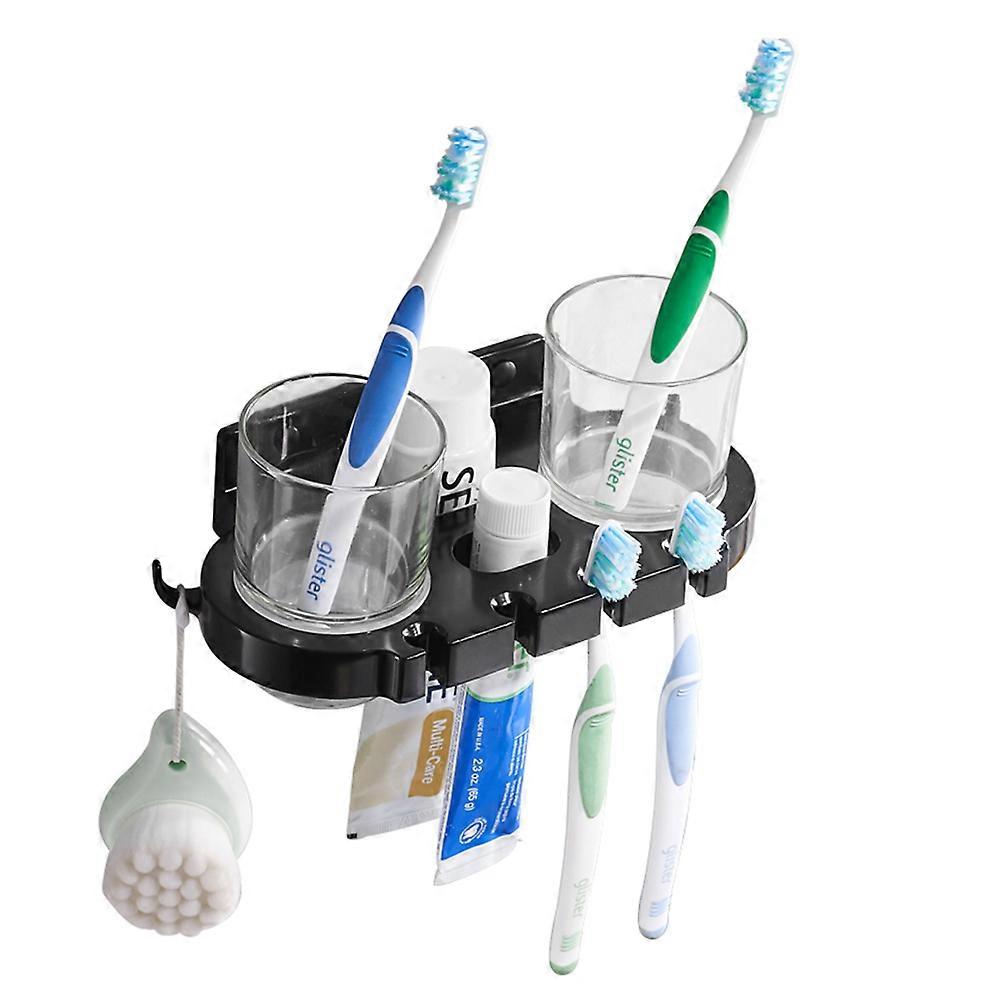 2Pcs Free Punch Toothbrush Rack with Hooks for Bathroom Use Black