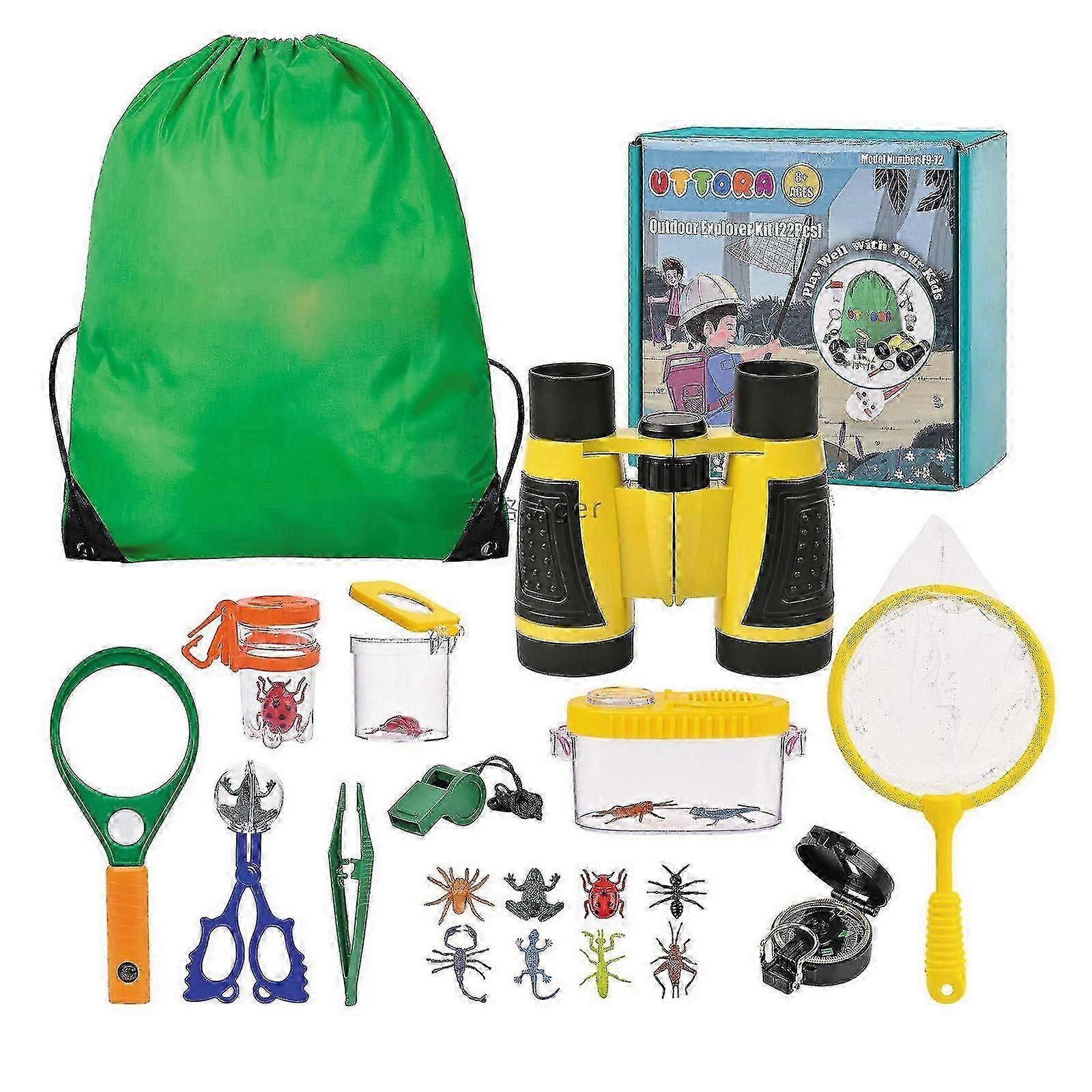 Conjunto de pesquisadores para crianças, binóculos para crianças, conjunto explorador de 22 peças com caçador de insetos, bússola, lupa de copo, microscópio e muito mais - Camping
