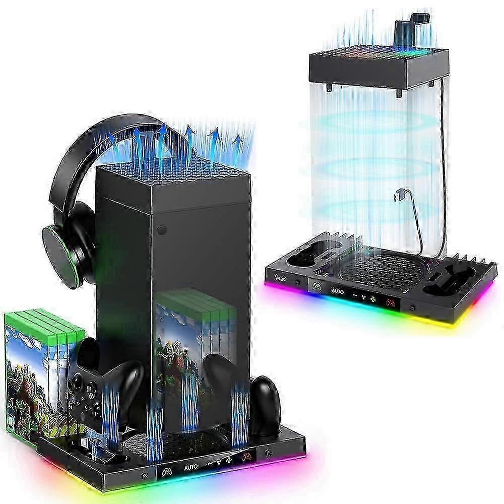 Cooling Fan & Dual Charging Stand for Xbox Series X Console & Controller,with 15 RGB Lights,Headphone Hook,Game Disc Storage