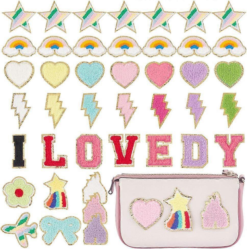42pcs Chenille Patches Chenille Iron on Embroidered Patches Cute Self Adhesive Letter Patches Heart Patches Stick on Fabric Patches for Clothing Jacke