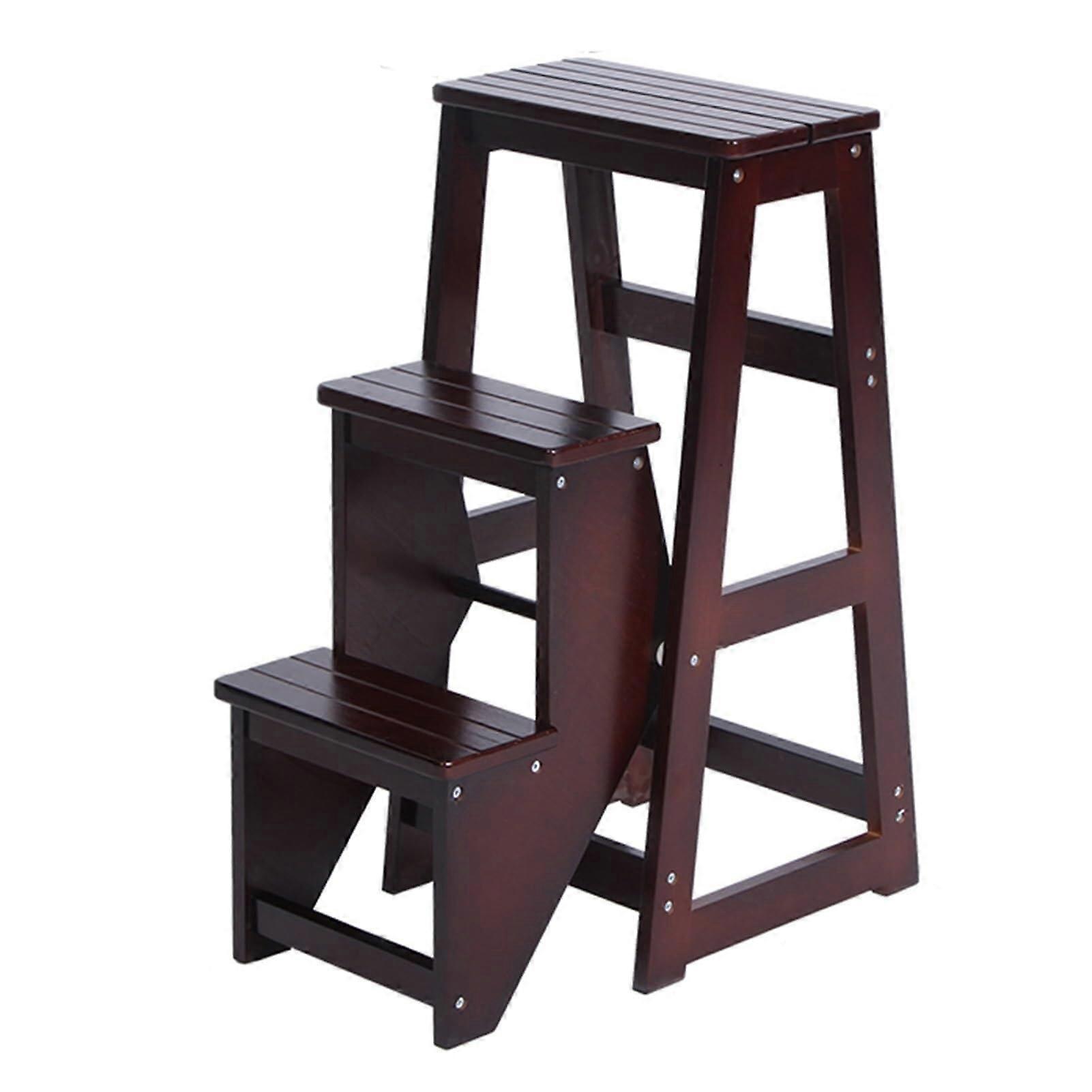 Folding Library Ladder Chair Step Stool with Storage Shelf for Kitchen or Home (Black Walnut)