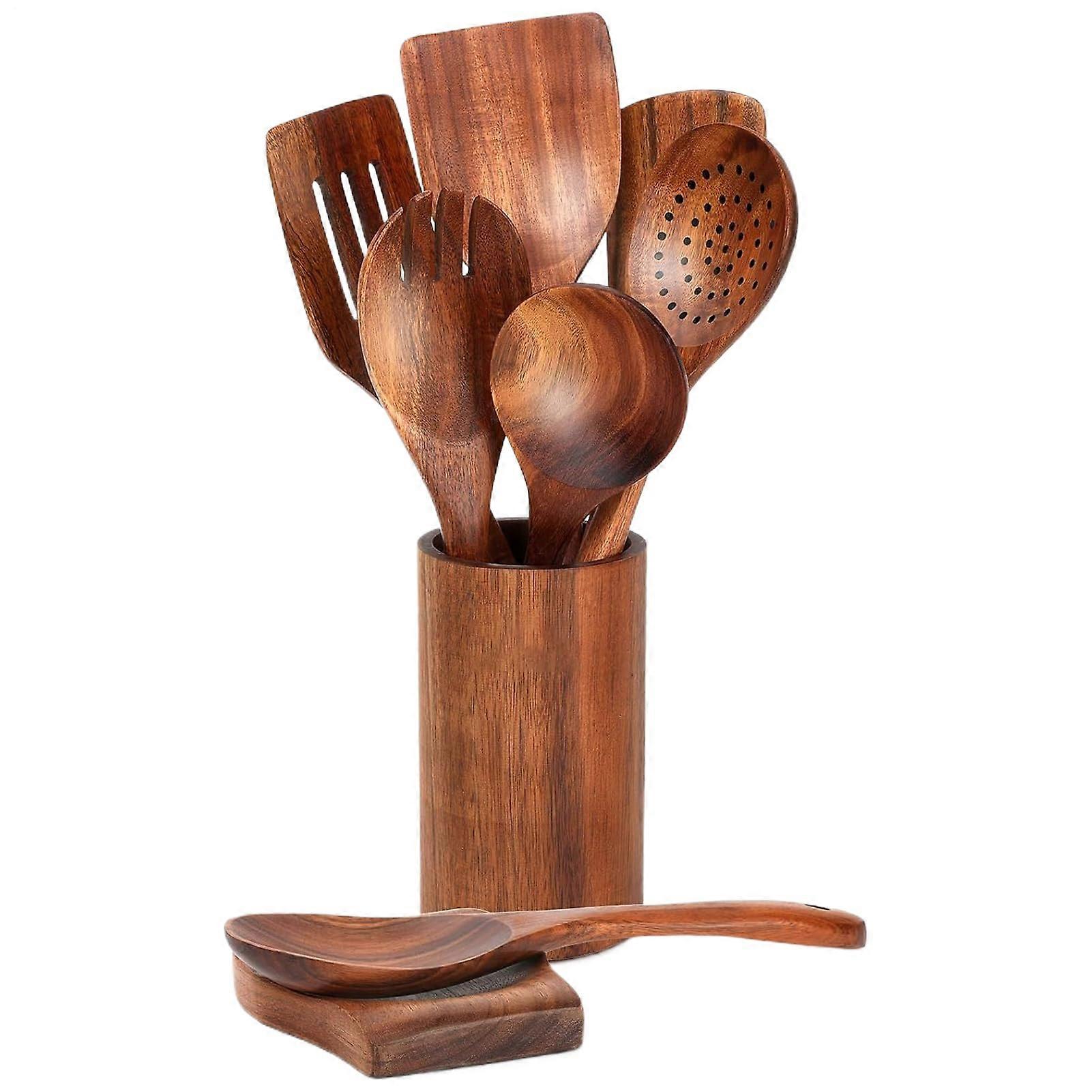 Wooden Cooking Utensils Set with Spoon Rest, Durable Hanging Spoons and Spatulas for Kitchen