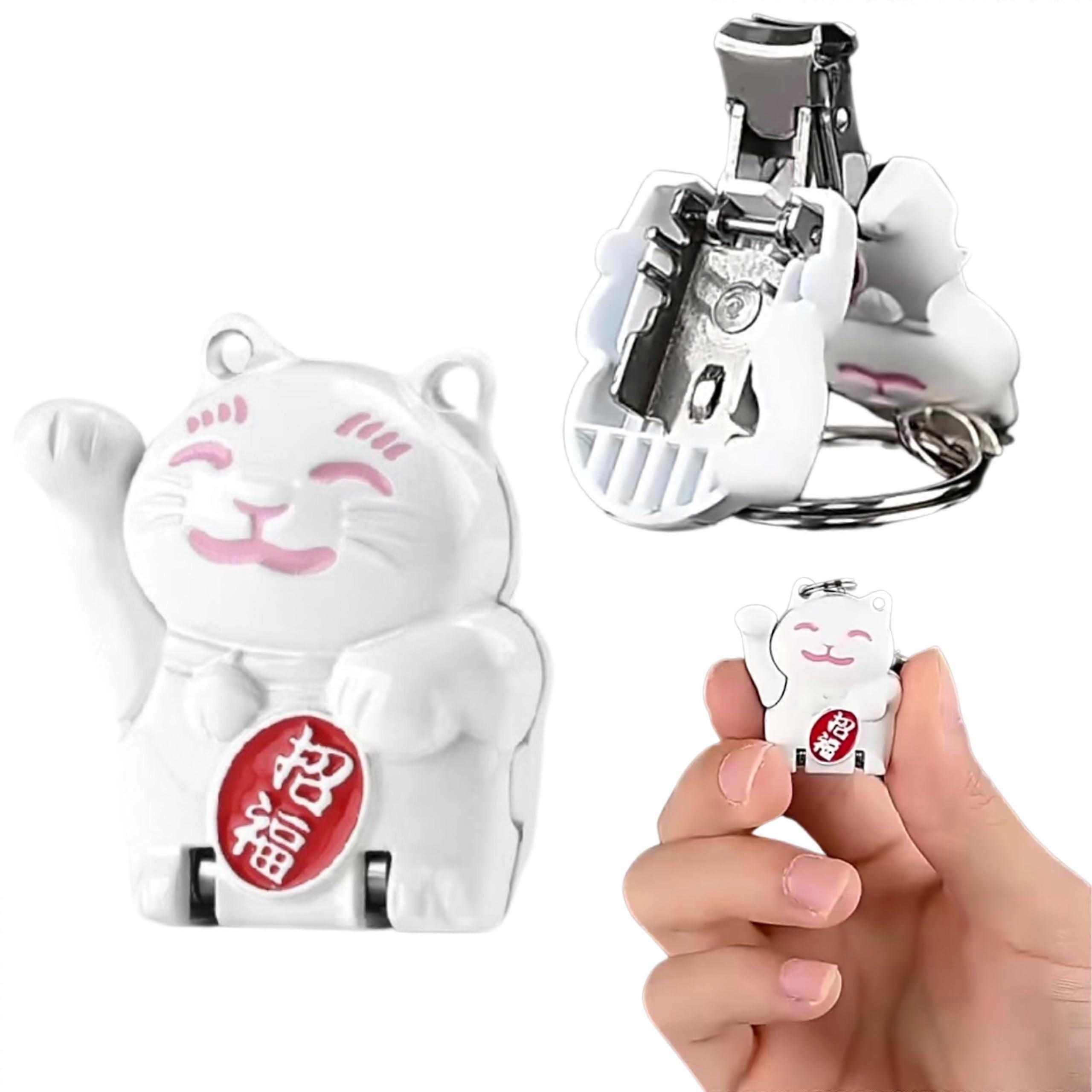 Nail Clipper Keychain with Cute White Cat Design, Foldable Compact Travel Size with Metal File