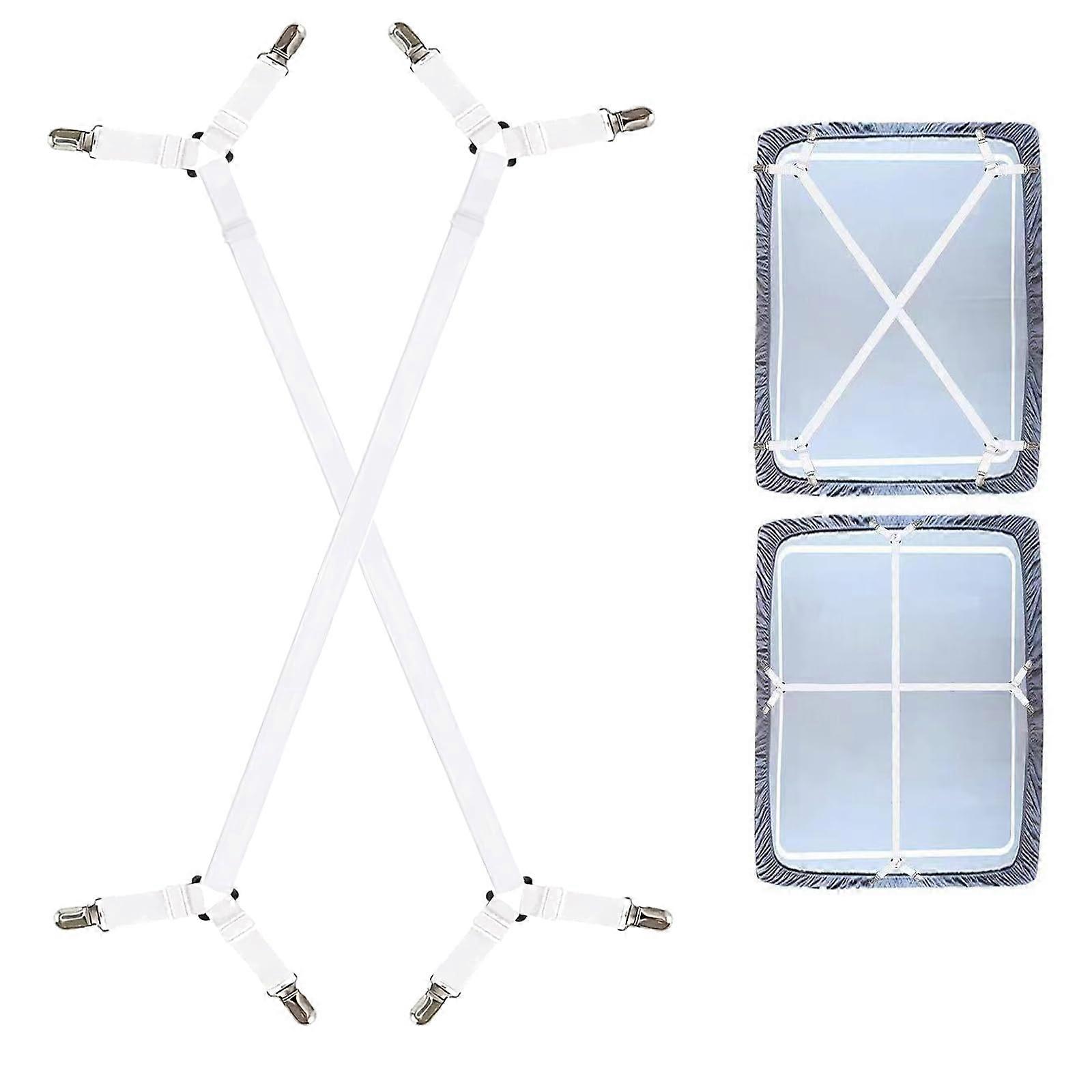 Bed Sheet Straps Adjustable Elastic Fitted Sheet Clips with Durable Metal Clips 2PCS White