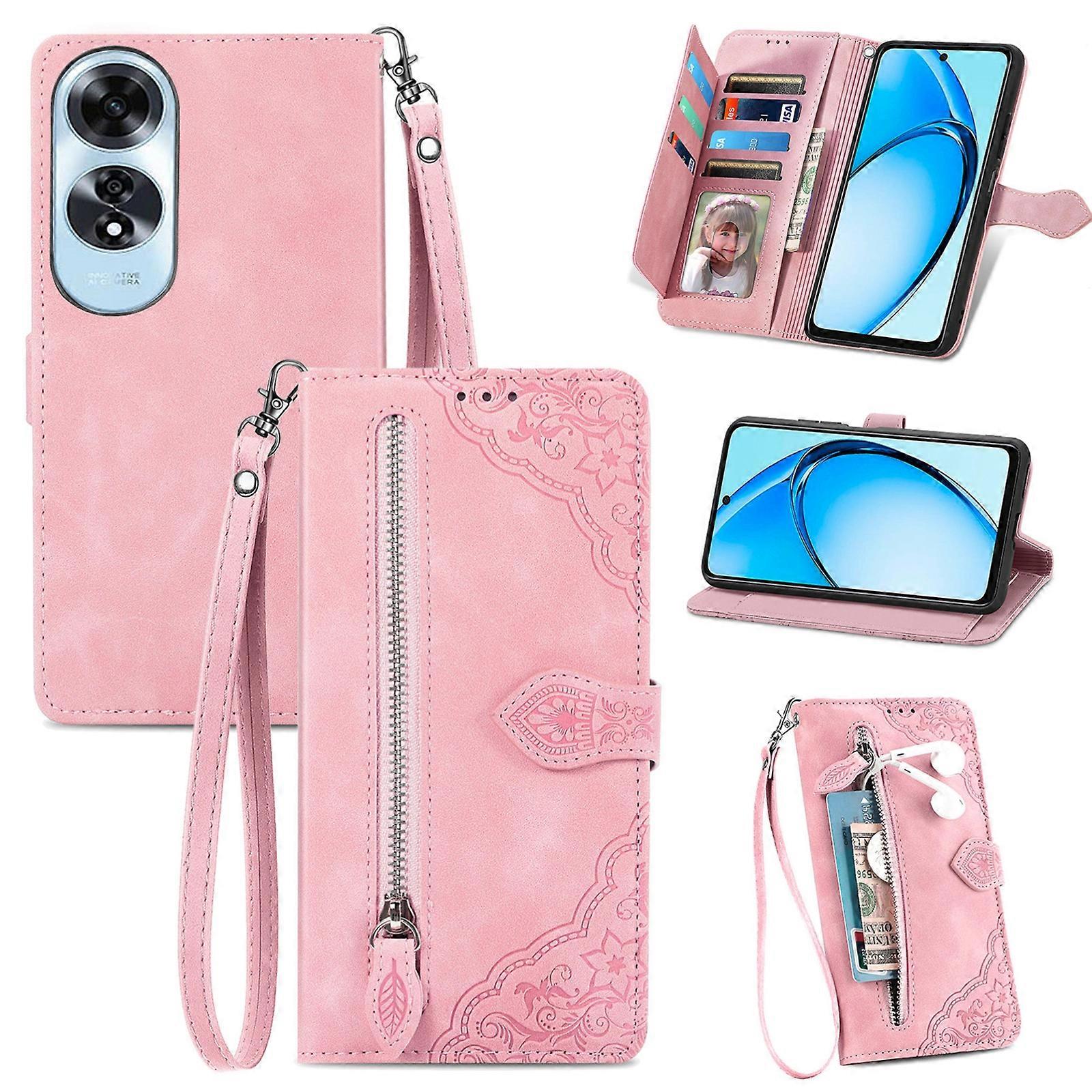 Embossed Flower Zipper Leather Phone Case