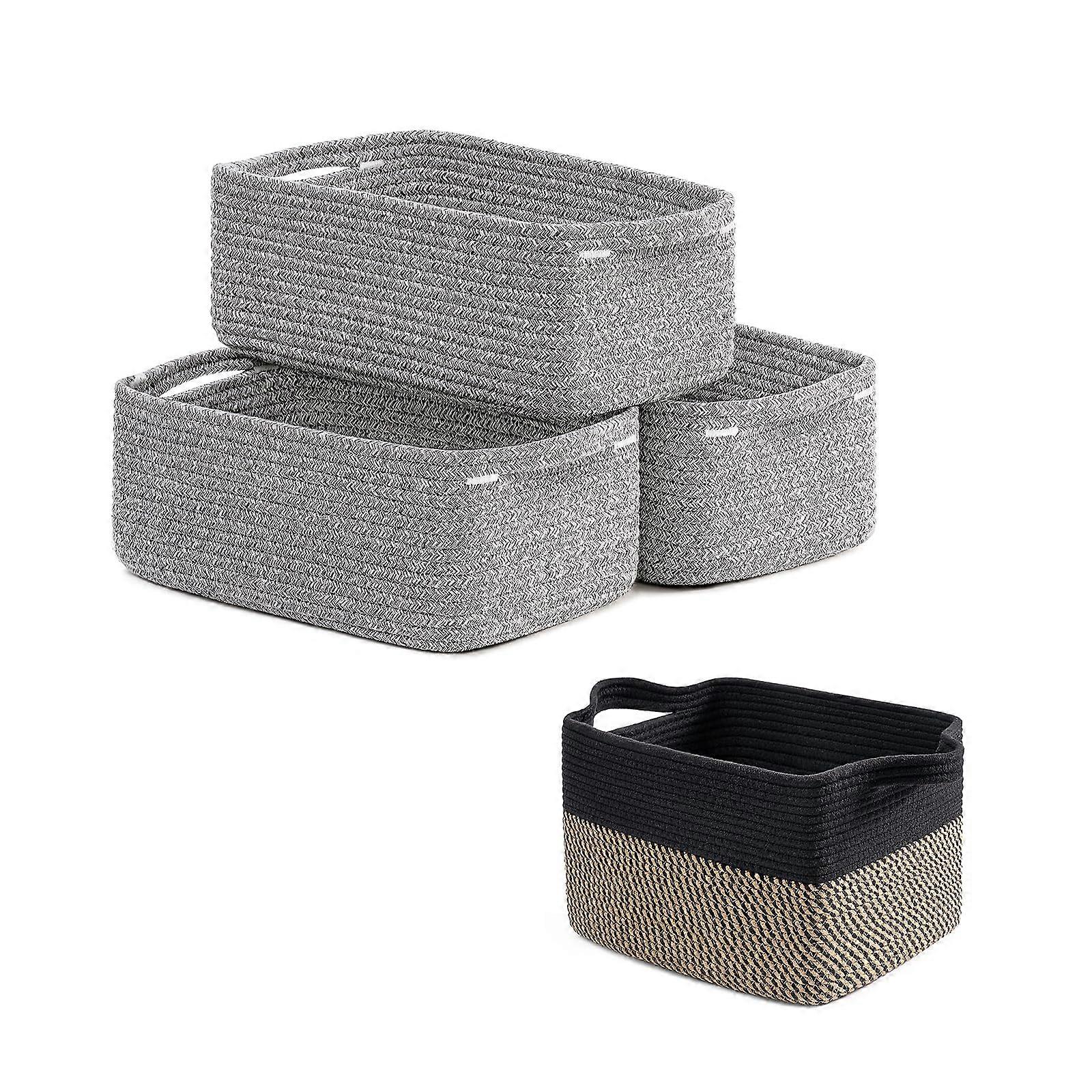 3 Pack Cotton Rope Storage Baskets for Shelves, Rectangular with Handles for Home Organization