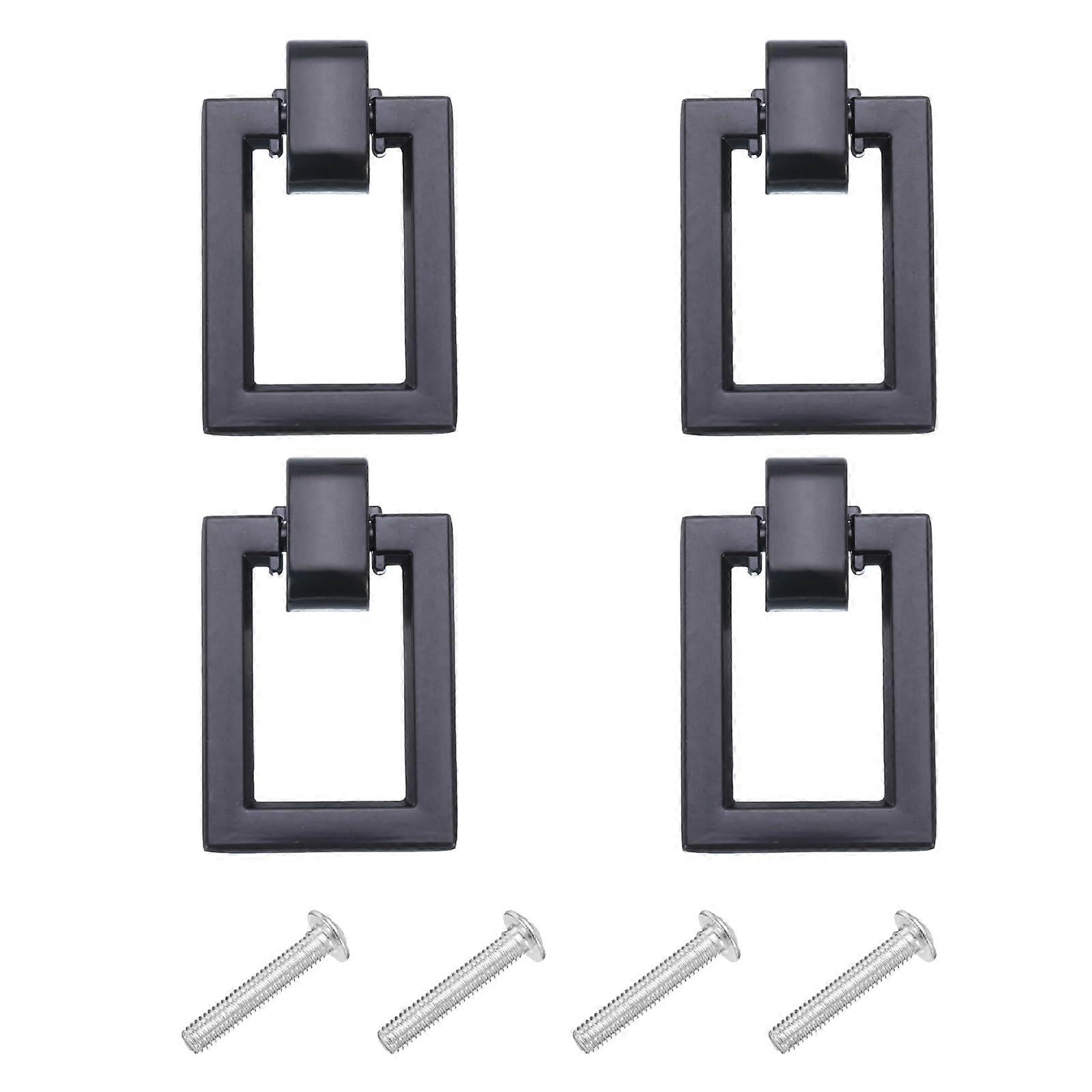 4 Sets Black Zinc Alloy Drawer Pull Handles, Modern Square Cabinet Ring Pulls with Screws