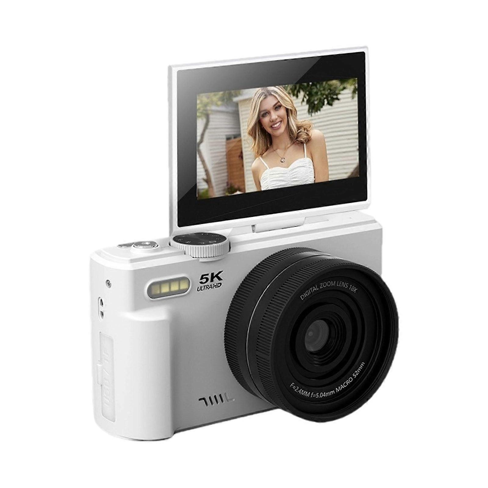 75MP 5K Digital Camera with Flip Screen, WiFi Sharing, 18X Zoom, LED Light, White