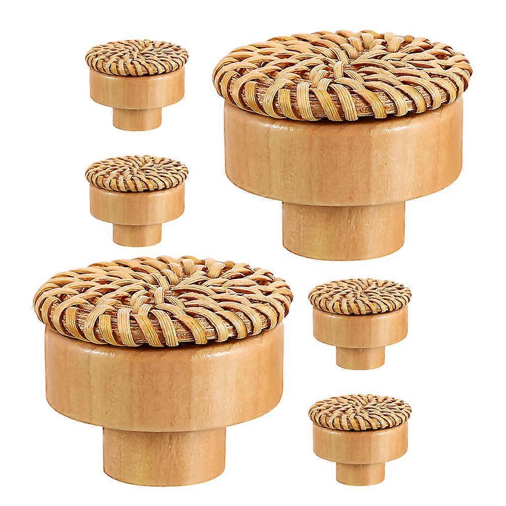 Light Brown Woven Round Wooden Handle Boho Knobs for Decorative Drawer 6Pcs