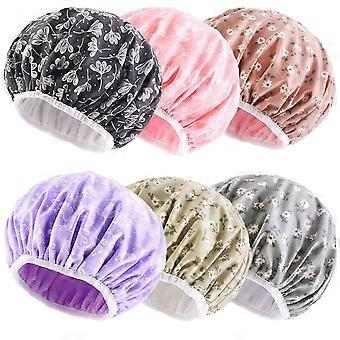6 Pieces Womens Shower Cap Terry Cloth Lined EVA Exterior Triple Layer Reusable Waterproof Large Bath Hair Drying Caps
